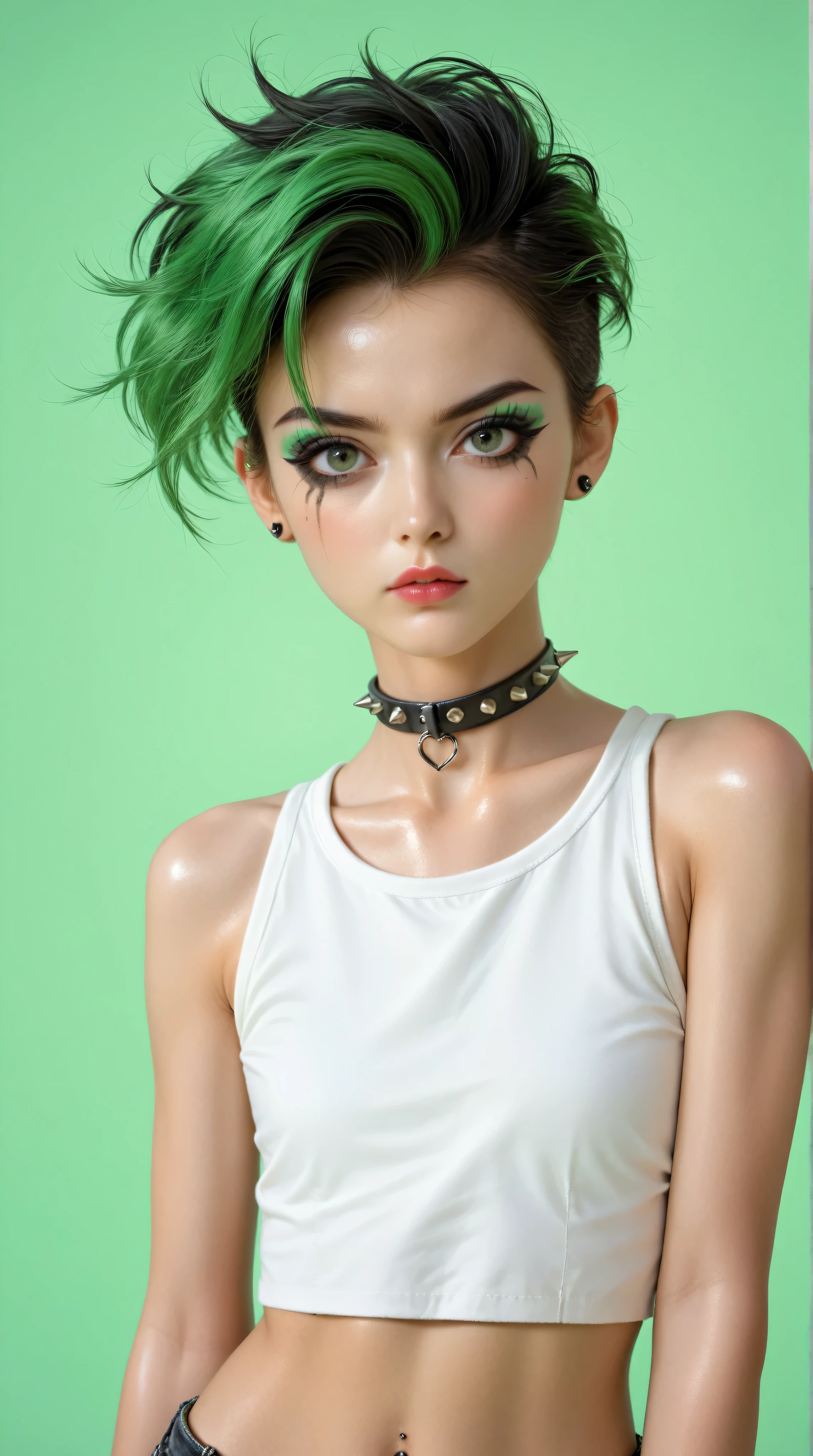 young korean goth girl, snapshot aesthetic, light black, greens, blacks, and whites, chinapunk, slender, karencore, high details, shadow, in motion, film still, kizi, clean background, black background, white background, green background, metallics, green hair, green eyes, annoyed, heavy makeup, shiny skin, 80s, retro, punk,