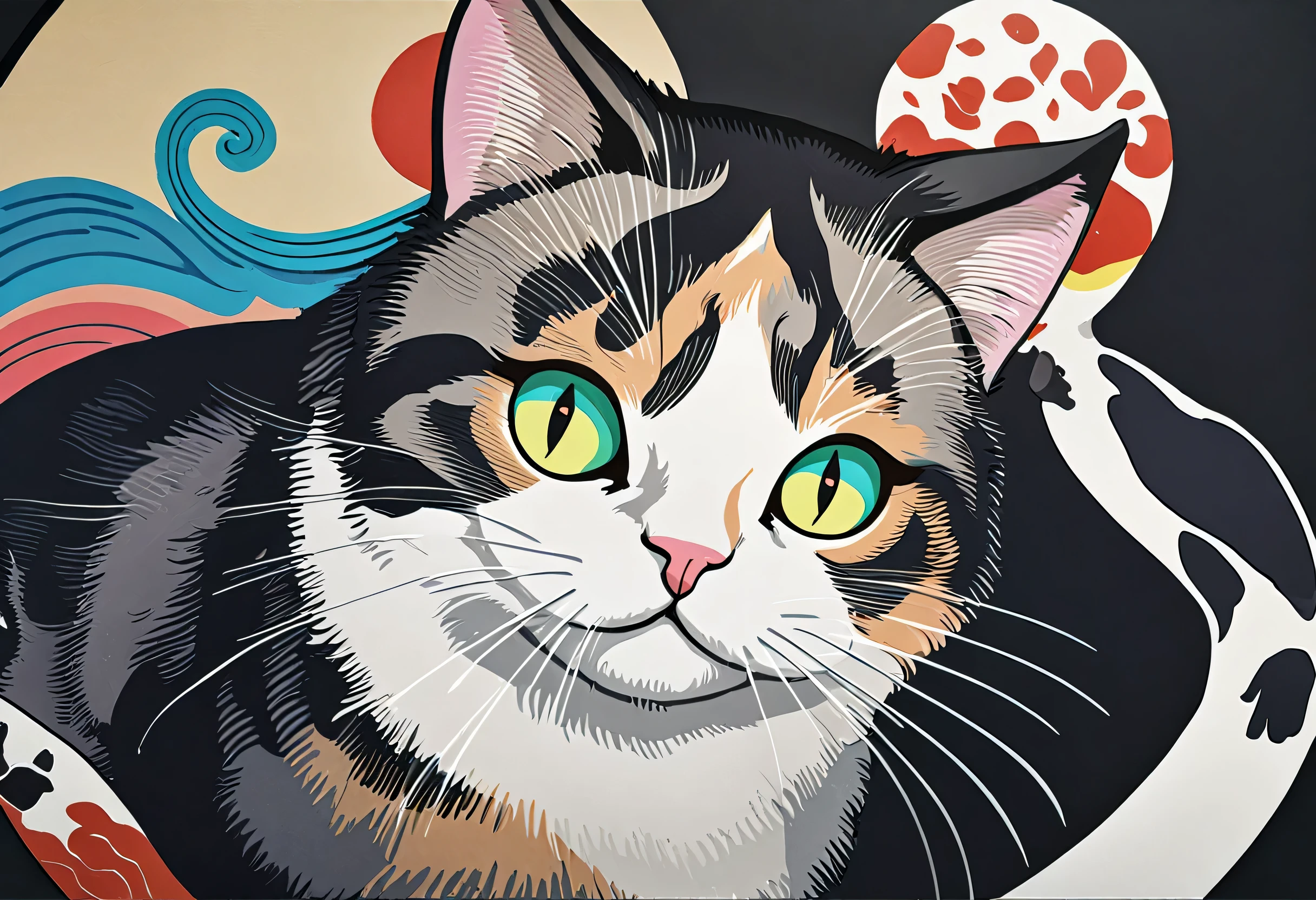 Japanese ukiyo-e style artwork, Cat Painting with bright colors on a black background, Alessandro Pautasso's paintings, Detailed painting 4k, Vector art by 、 Colourful and Highly Detailed , a Cat Painting, Cat Painting, in a Cat Painting, beautiful 4K art, Vadim Kashin. surreal , detailed 4k painting