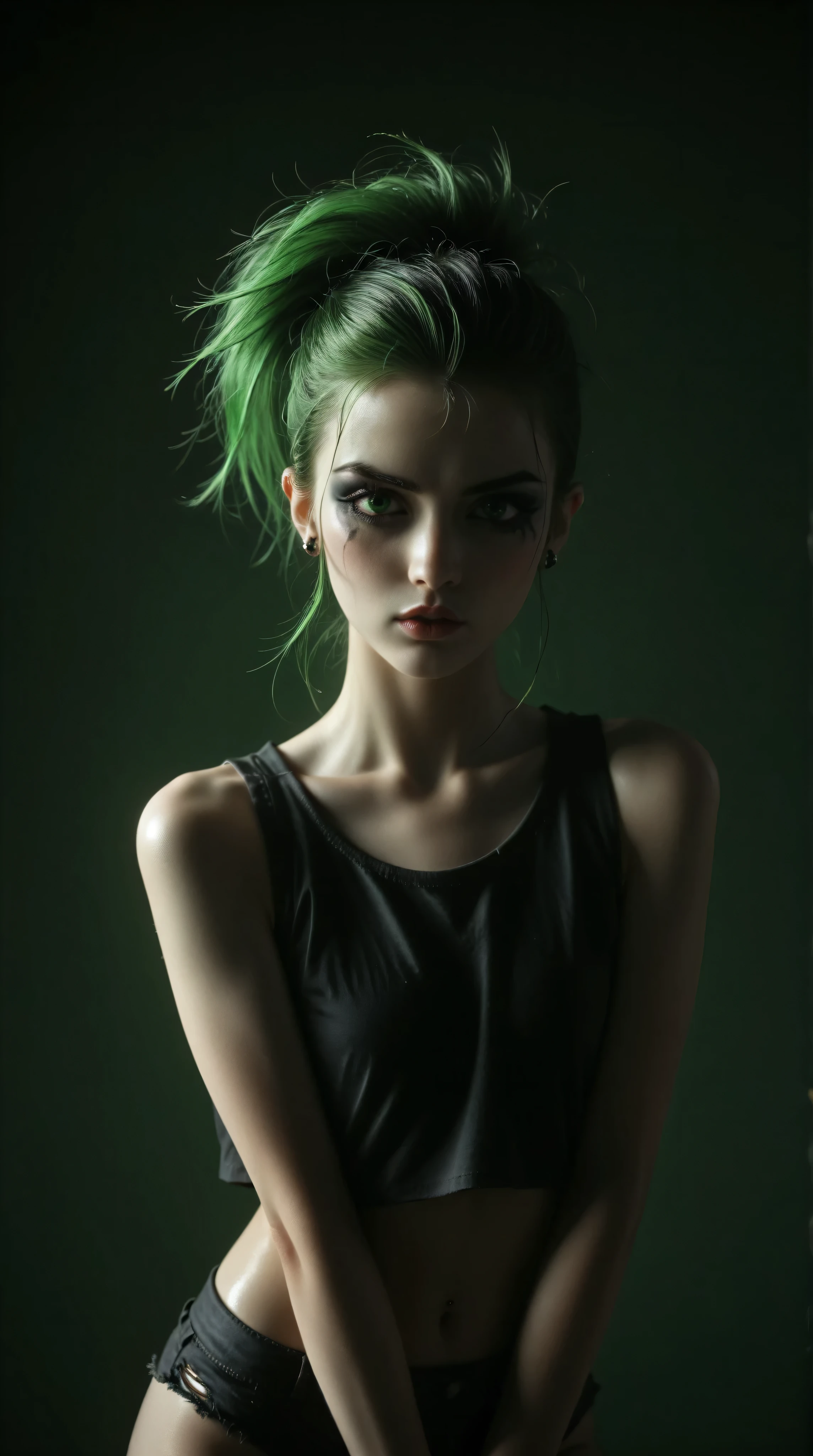 young korean goth girl, snapshot aesthetic, light black, greens, blacks, and whites, chinapunk, slender, karencore, high details, shadow, in motion, film still, kizi, clean background, black background, white background, green background, metallics, green hair, green eyes, annoyed, heavy makeup, shiny skin, 80s, retro, punk, 