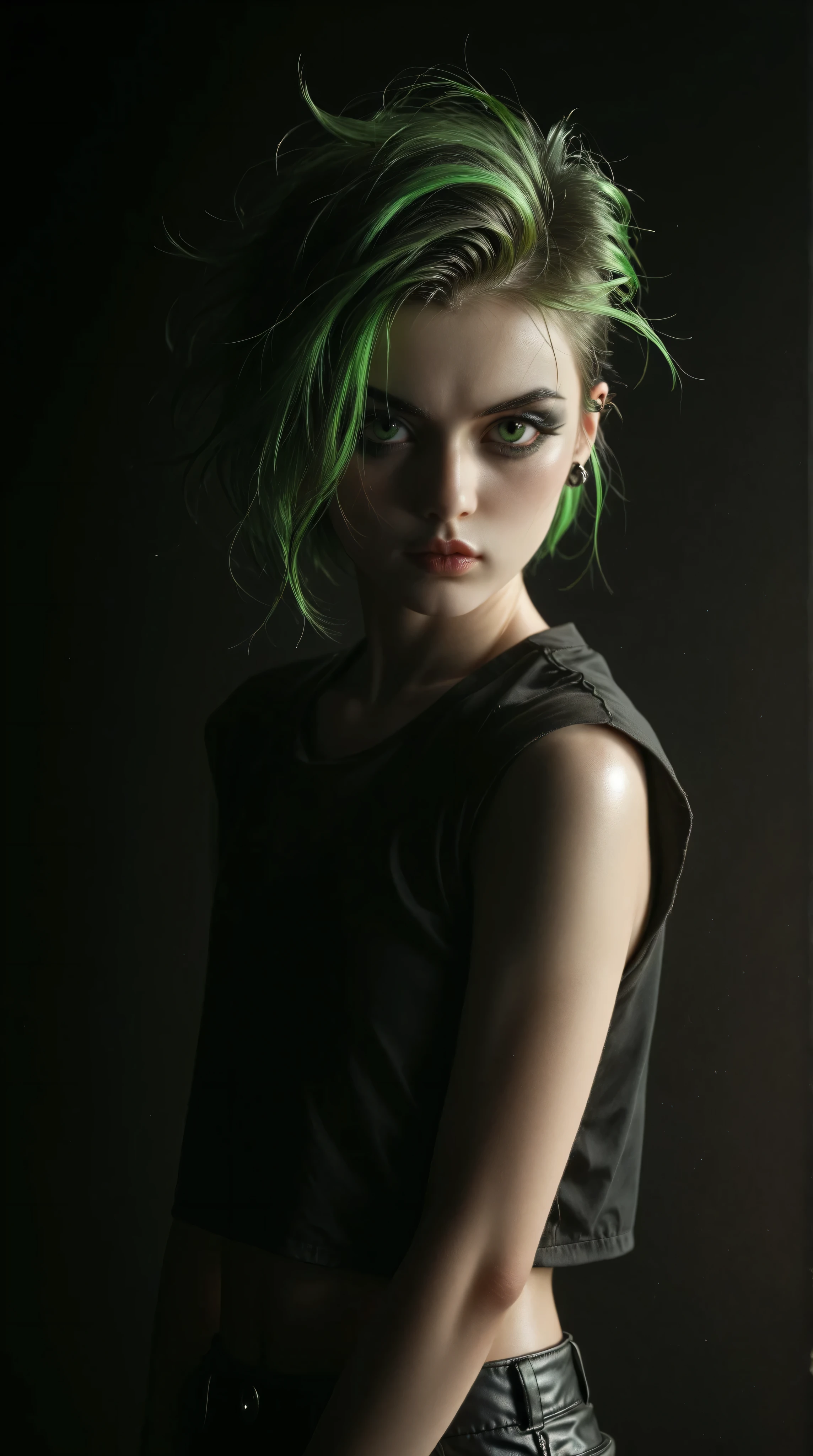 young korean goth girl, snapshot aesthetic, light black, greens, blacks, and whites, chinapunk, slender, karencore, high details, shadow, in motion, film still, kizi, clean background, black background, white background, green background, metallics, green hair, green eyes, annoyed, heavy makeup, shiny skin, 80s, retro, punk,