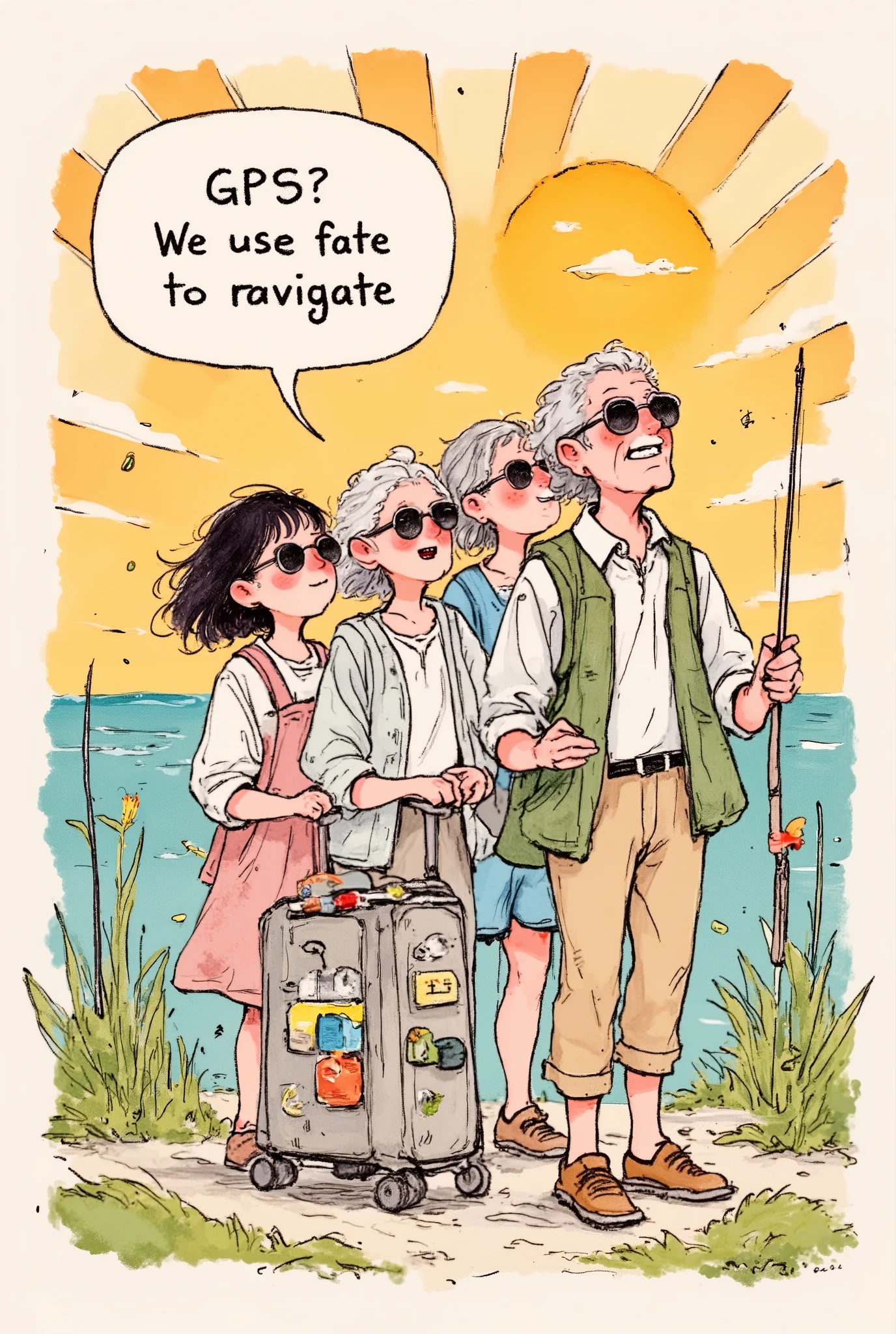 Logo Design,illustration, printed on it for a team of retirees,Grandpa and grandma group , dark hair , silver hair, with yellow hair,(poker)Those who wear sunglasses,Grandpa and grandma group with sunglasses printed on Mahjong 、fishing rod 、Camera pattern , dragging a shared suitcase in the shape of a small motorhome , bubble dialog box in the center :"GPS? We use fate to navigate , background sunrise pattern incorporates magnifying glass elements (Metaphor presbyopia )