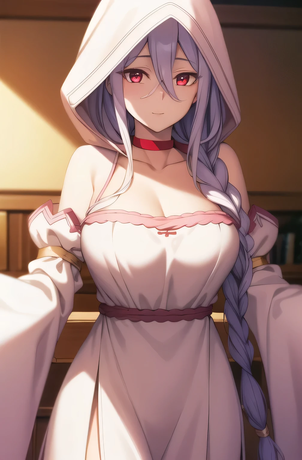 ç½ç»,1girl,expressionless,long braid,hair over shoulder,colored eyelashes,red eyes,
ç½,white hood,hood up,red choker,bare shoulders,cleavage,white dress,detached sleeves,long sleeves,wide sleeves,nsfw,, 20yo,Young female,Beautiful Finger,Beautiful long legs,Beautiful body,Beautiful Nose,Beautiful character design, perfect eyes, perfect face,expressive eyes,
looking at viewer,
official art,extremely detailed CG unity 8k wallpaper, perfect lighting,Colorful, Bright_Front_face_Lighting,shiny skin,
(masterpiece:1.0),(best_quality:1.0), ultra high res,4K,ultra-detailed,
photography, 8K, HDR, highres, absurdres:1.2, Kodak portra 400, film grain, blurry background, bokeh:1.2, lens flare, (vibrant_color:1.2), (beautiful_face:1.5),(narrow_waist), ,NSFW, light smile