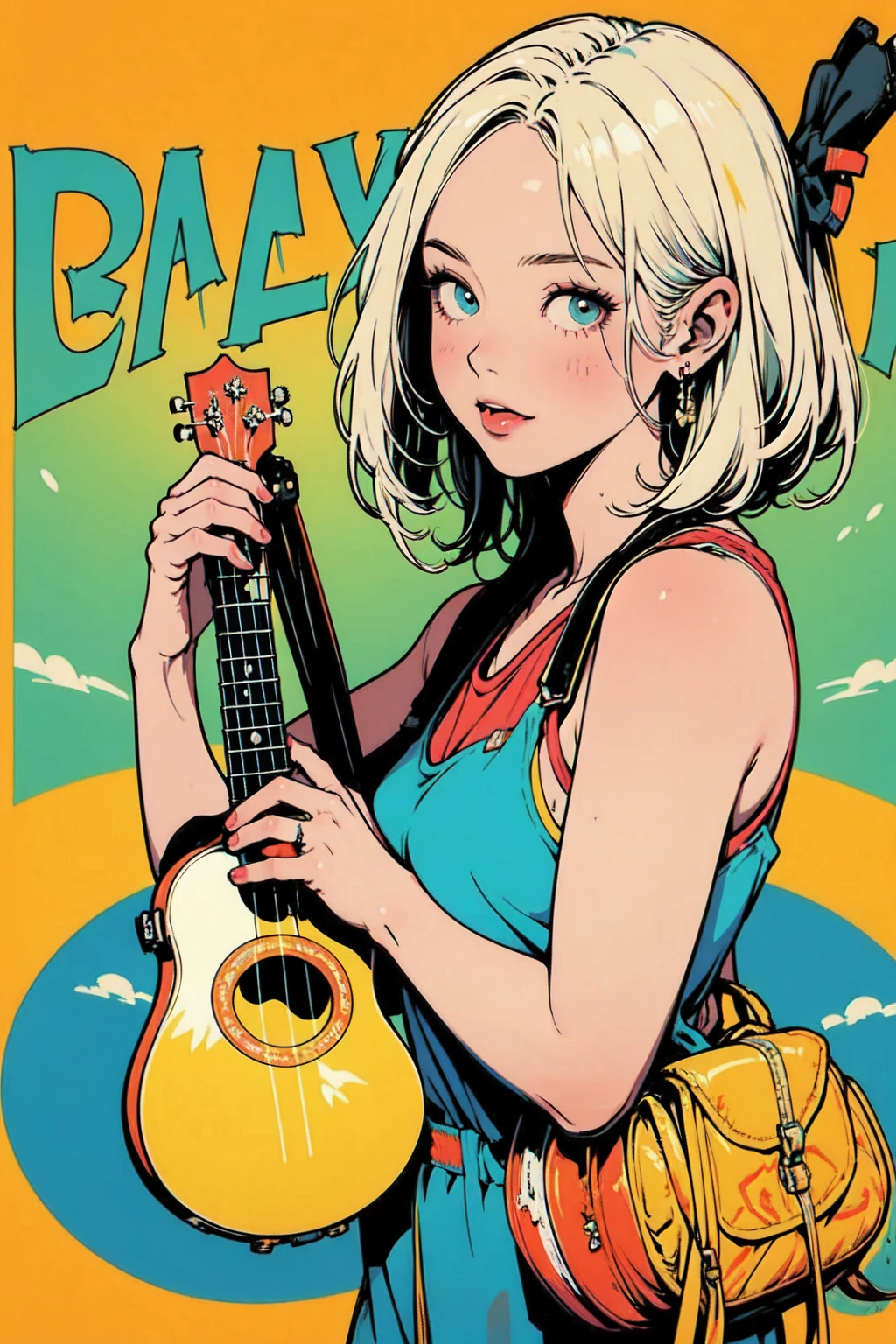 ((Hardcore Punk Girl))、((British punk rock girl)), ((Circus)), ((play the guitar)),Manga Style, Horror elements, Comic style illustration, (drawing style), Japanese painting, whole body (spooky), Japan sculpture, primitive art, Circus, crazy illustration, Flat Illustration, Blissful smile, spookyな外観, Distinctive messy hairstyle, punk band poster、Crotch close-up