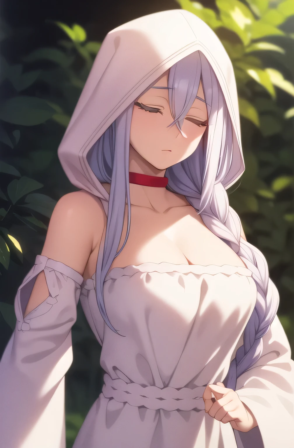 ç½ç»,1girl,expressionless,long braid,hair over shoulder,colored eyelashes,closed eyes,
ç½,white hood,hood up,red choker,bare shoulders,cleavage,white dress,detached sleeves,long sleeves,wide sleeves,nsfw,, 20yo,Young female,Beautiful Finger,Beautiful long legs,Beautiful body,Beautiful Nose,Beautiful character design, perfect eyes, perfect face,expressive eyes,
looking at viewer,
official art,extremely detailed CG unity 8k wallpaper, perfect lighting,Colorful, Bright_Front_face_Lighting,shiny skin, 
(masterpiece:1.0),(best_quality:1.0), ultra high res,4K,ultra-detailed,
photography, 8K, HDR, highres, absurdres:1.2, Kodak portra 400, film grain, blurry background, bokeh:1.2, lens flare, (vibrant_color:1.2), (beautiful_face:1.5),(narrow_waist), ,NSFW,