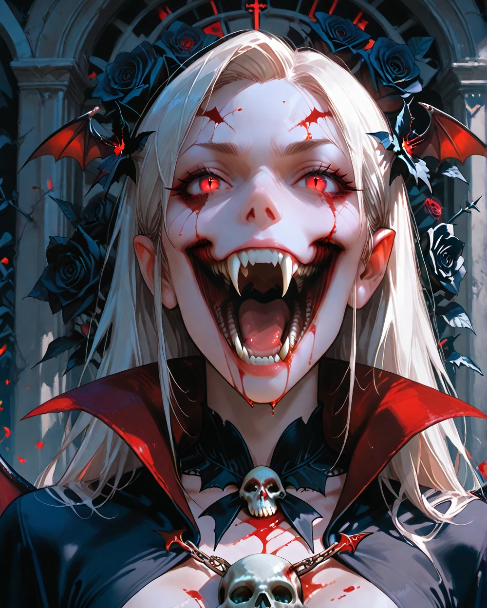 (portrait),(1evil seraph girl and huge ominous demon:1.5, blonde hair,smile,royal white dress,blood on clothes,bloodred jewels and ornaments,red evil eyes,red bloody halo,large beautiful feathered wing,blood on wings:1.5,red evil eyes on wing:1.5 ), (blood on hands:2.0), (bloody heaven,dark theme:1.2),(a lot of creepy demons following her:1.5), ((masterpiece)), ((best quality)), (ultra-detailed), ((beautiful detailed face)), 