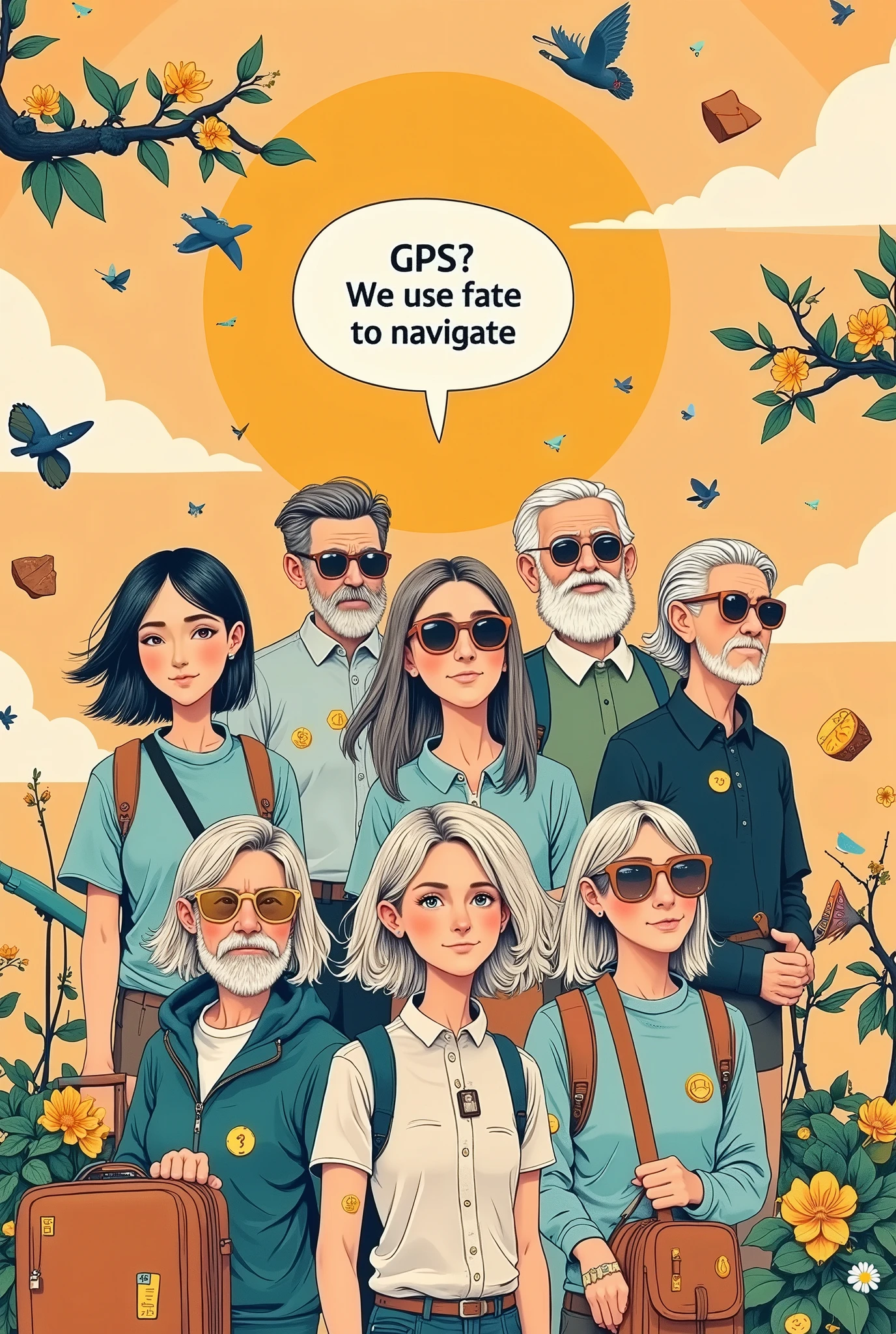 Logo Design,illustration, printed on it for a team of retirees,Grandpa and grandma group , dark hair , silver hair, with yellow hair,(poker)Those who wear sunglasses,Grandpa and grandma group with sunglasses printed on Mahjong 、fishing rod 、Camera pattern ,Dragging a suitcase, bubble dialog box in the center :"GPS? We use fate to navigate , background sunrise pattern incorporates magnifying glass elements (Metaphor presbyopia )