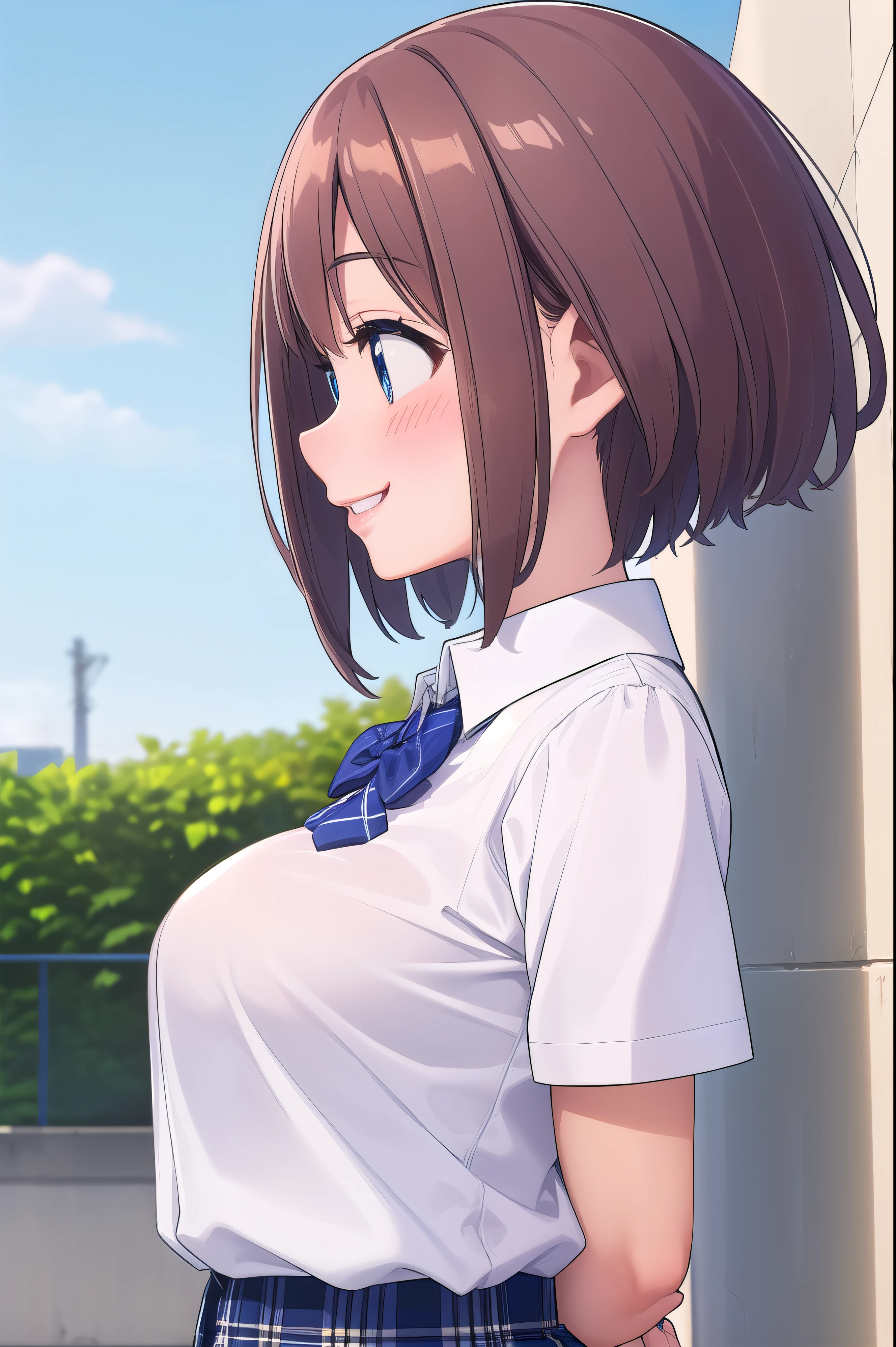 ( masterpiece,  top quality), very detailed background, perfect lighting、 top quality, ( upper body angle:1.4),{hitoyobafu  、 1 girl、( is standing:1.2), Wind、(arms behind back:1.5)、(18 years old)、 pink lips、 short brown hair、( sideways:1.4)、(profile:1.6)、 blue eyes、(Look away:1.5)、(Smile:1.7)、(blush:1.5)、{ school uniform、( white collared blouse:1.2)、(Short sleeve)、( blue bow tie)、{ slender、 glamorous}、( big boobs)、( blue plaid skirt )、(Windでスカートリフトアップ:1.3)、(socks)、}、{background、( school rooftop during lunch break)、blue sky、 fence、Streetscape}