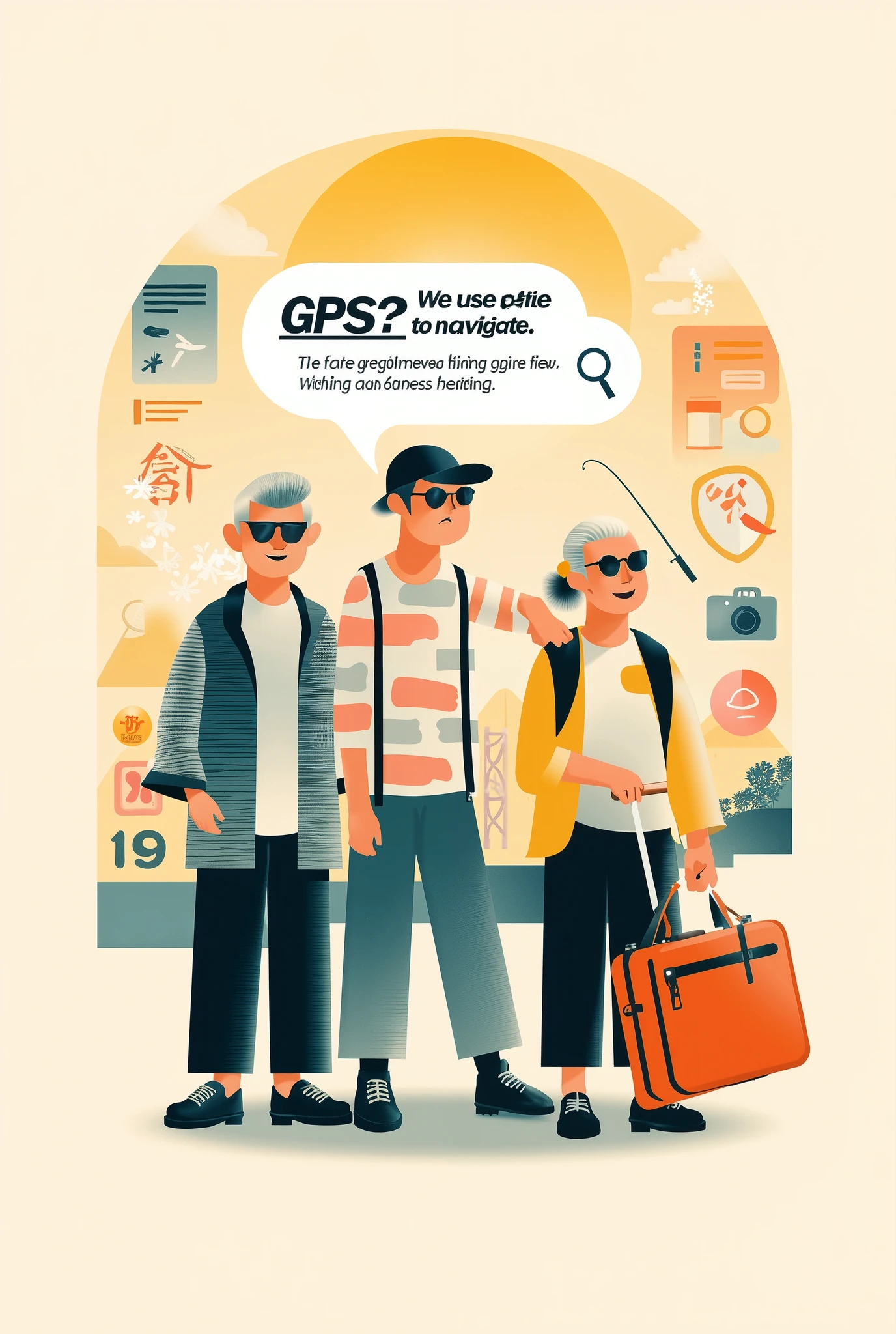 Logo Design,illustration, printed on it for a team of retirees,Grandpa and grandma group , dark hair , silver hair, with yellow hair,(poker)Those who wear sunglasses,Grandpa and grandma group with sunglasses printed on Mahjong 、fishing rod 、Camera pattern ,Dragging a suitcase, bubble dialog box in the center :"GPS? We use fate to navigate , background sunrise pattern incorporates magnifying glass elements (Metaphor presbyopia )
