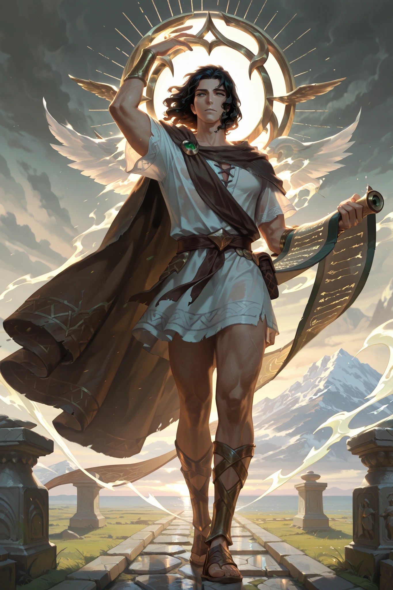 1man, hermes, greek mythology, solo, classical greek traveler's tunic, winged sandals, see-through traveler's cloak, wind aura, holding caduceus and scroll, arm raised, arm holding caduceus, short curly hair, windswept hair, draped sleeves, standing, horizon, stormy sky, ancient greek mountain pass, stone pathway, highres, absurdres, masterpiece, best quality, amazing quality