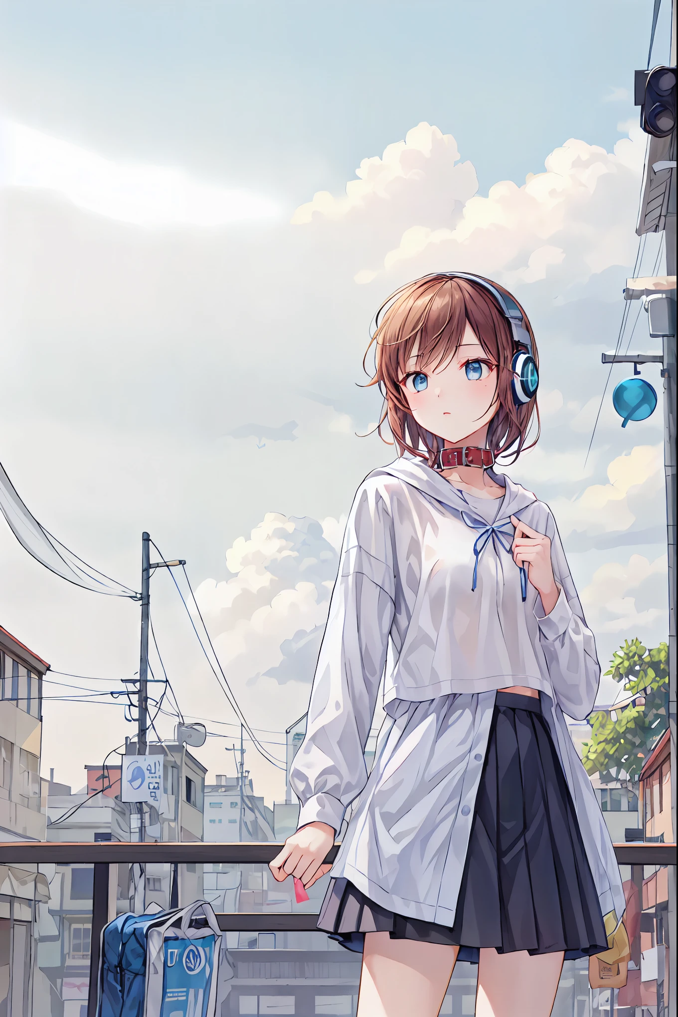 ( realistic painting style :1.0),  masterpiece,  top quality,  absurd,  Comic Strips , shape, brown hair， shortcuts，Messy Hair， slender beauty ，Dignified posture，小 chest， beautiful feet， Her charming grayish blue eyes are shining like stars，break ( masterpiece:1.2),  top quality,  Hi-Res,  Unity 8k Wallpaper, (shape:0.8), (  the attention to detail is beautiful :1.6),   Highly Detailed Face,  perfect lighting,   Highly Detailed CG, ( perfect hand,  perfect anatomy),，
 1 girl,   medium hair ,  cute女の子, 若くて cute,  Korean girl , { chest}, 
Skirt and plain T-shirt、Girl wearing headphones,  I'm on the road ,  The girl with headphones ,  cute,  Slim Model Pictures ,  Wear a collar,  wearing crop tops , Wear a striped top, Striped top,  wears a black skirt , Simple Clothes , Simple Clothes 装,