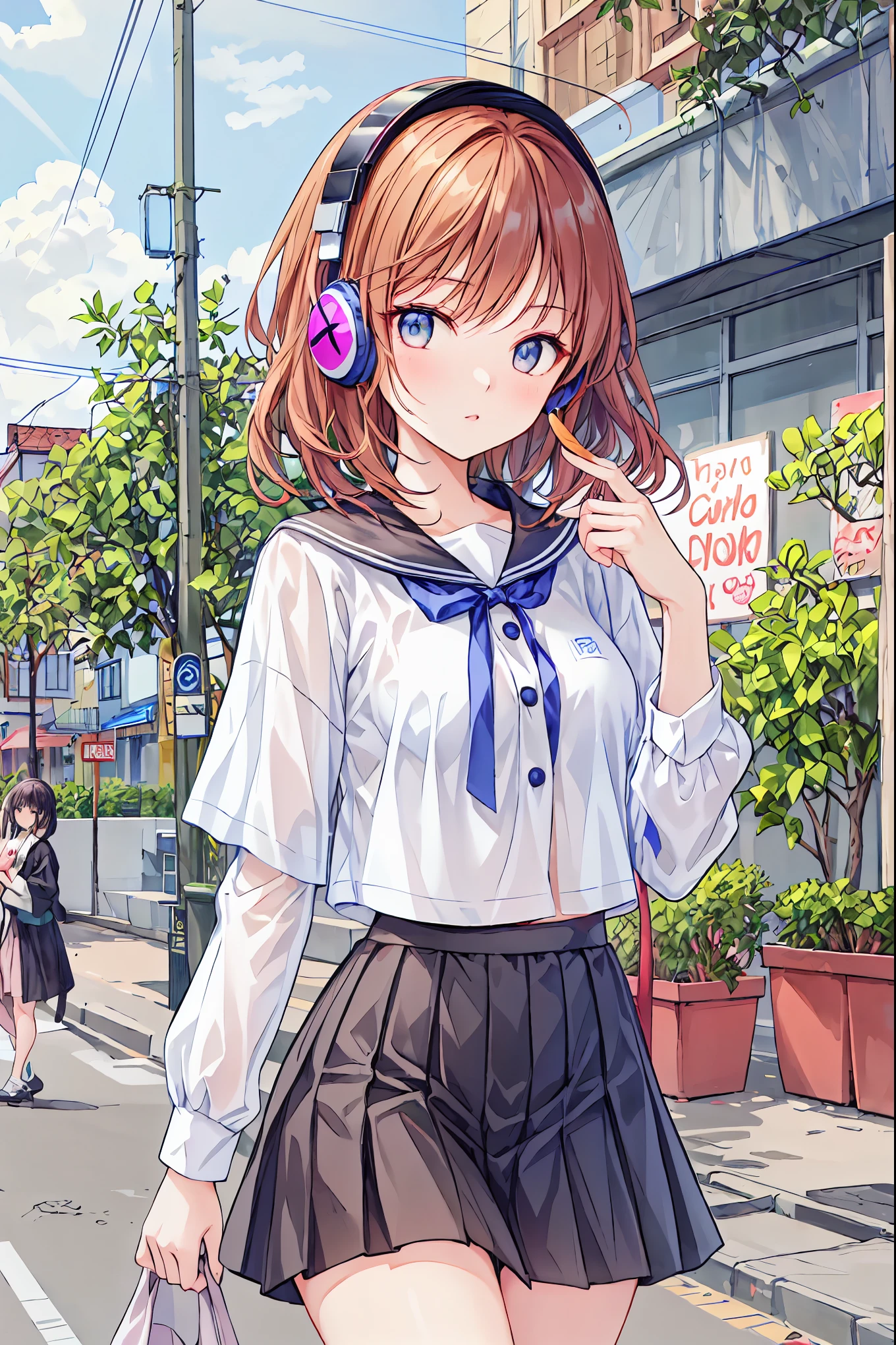 ( realistic painting style :1.0), masterpiece, top quality, absurd, Comic Strips , shape, brown hair, shortcuts,Messy Hair, slender beauty ,Dignified posture,小 chest, beautiful feet, Her charming grayish blue eyes are shining like stars,break ( masterpiece:1.2), top quality, Hi-Res, Unity 8k Wallpaper, (shape:0.8), ( the attention to detail is beautiful :1.6), Highly Detailed Face, perfect lighting, Highly Detailed CG, ( perfect hand, perfect anatomy),,
1 girl, medium hair , cute女の子, 若くて cute, Korean girl , { chest},
Skirt and plain T-shirt、Girl wearing headphones, I'm on the road , The girl with headphones , cute, Slim Model Pictures , Wear a collar, wearing crop tops , Wear a striped top, Striped top, wears a black skirt , Simple Clothes , Simple Clothes 装,