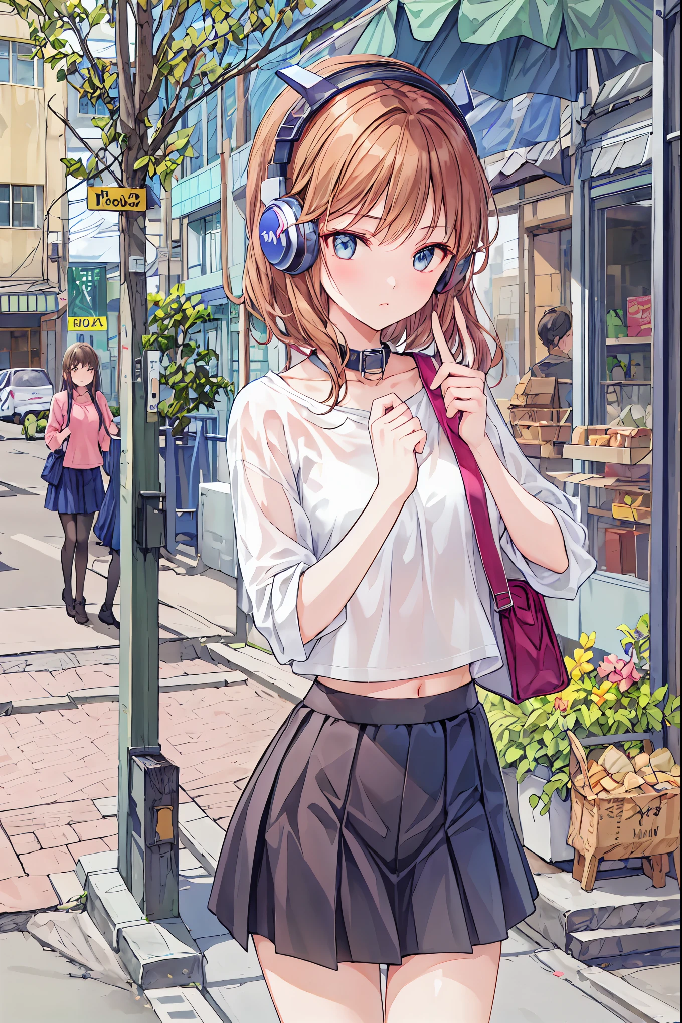 ( realistic painting style :1.0), masterpiece, top quality, absurd, Comic Strips , shape, brown hair, shortcuts,Messy Hair, slender beauty ,Dignified posture,小 chest, beautiful feet, Her charming grayish blue eyes are shining like stars,break ( masterpiece:1.2), top quality, Hi-Res, Unity 8k Wallpaper, (shape:0.8), ( the attention to detail is beautiful :1.6), Highly Detailed Face, perfect lighting, Highly Detailed CG, ( perfect hand, perfect anatomy),,
1 girl, medium hair , cute女の子, 若くて cute, Korean girl , { chest},
Skirt and plain T-shirt、Girl wearing headphones, I'm on the road , The girl with headphones , cute, Slim Model Pictures , Wear a collar, wearing crop tops , Wear a striped top, Striped top, wears a black skirt , Simple Clothes , Simple Clothes 装,