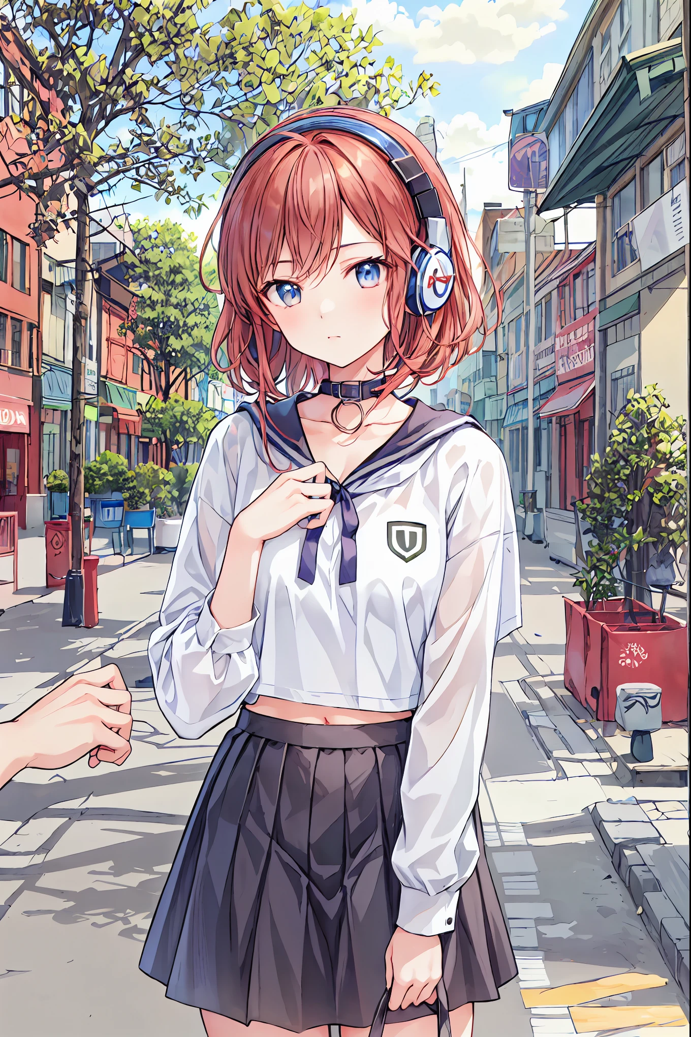 ( realistic painting style :1.0), masterpiece, top quality, absurd, Comic Strips , shape, brown hair, shortcuts,Messy Hair, slender beauty ,Dignified posture,小 chest, beautiful feet, Her charming grayish blue eyes are shining like stars,break ( masterpiece:1.2), top quality, Hi-Res, Unity 8k Wallpaper, (shape:0.8), ( the attention to detail is beautiful :1.6), Highly Detailed Face, perfect lighting, Highly Detailed CG, ( perfect hand, perfect anatomy),,
1 girl, medium hair , cute女の子, 若くて cute, Korean girl , { chest},
Skirt and plain T-shirt、Girl wearing headphones, I'm on the road , The girl with headphones , cute, Slim Model Pictures , Wear a collar, wearing crop tops , Wear a striped top, Striped top, wears a black skirt , Simple Clothes , Simple Clothes 装,