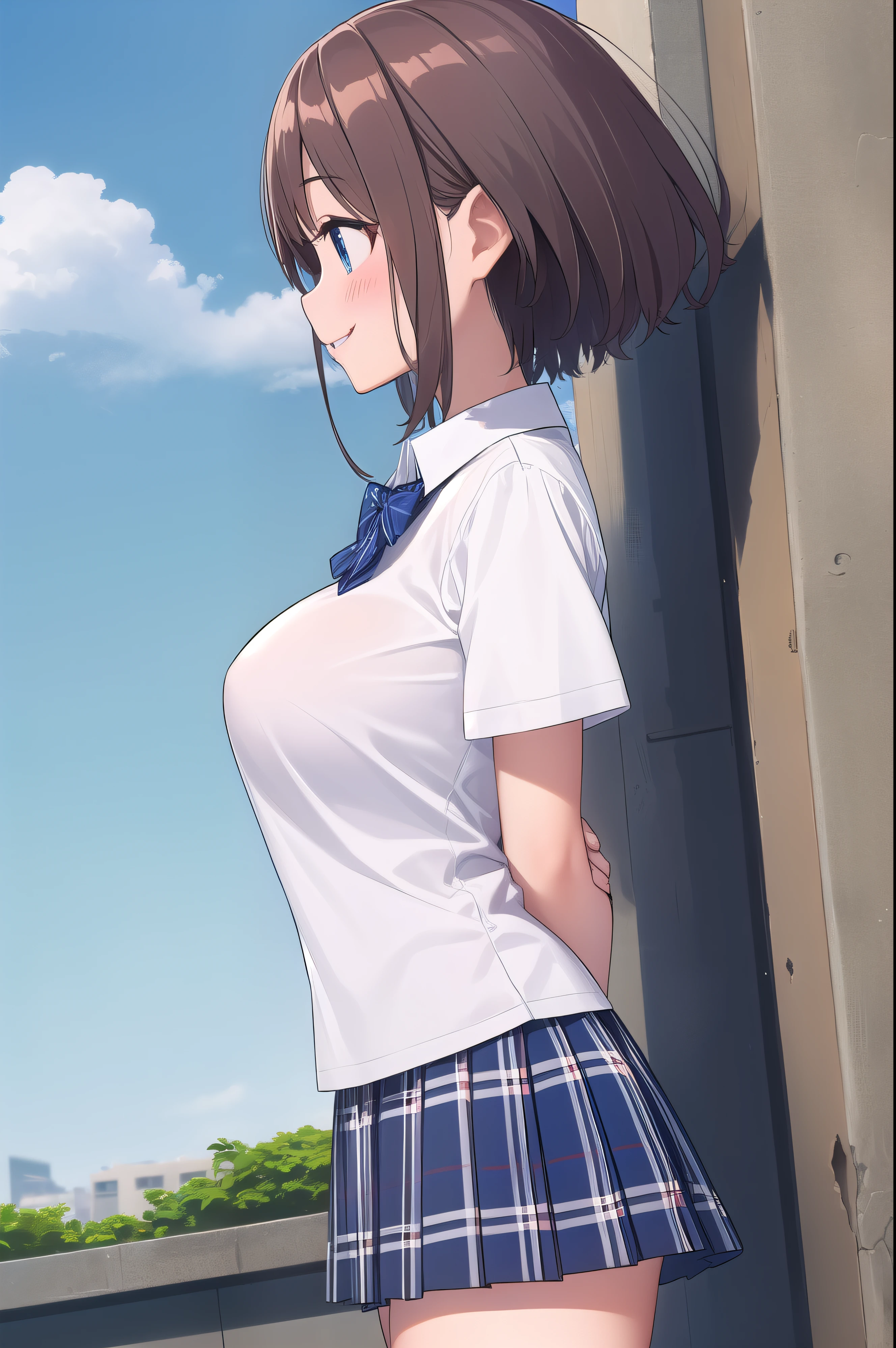 ( masterpiece, top quality), very detailed background, perfect lighting、 top quality, ( angle from below:1.3), ( lower body angle:1.6),{hitoyobafu 、 1 girl、( is standing:1.2), Wind、(arms behind back:1.5)、(18 years old)、 pink lips、 short brown hair、( sideways:1.4)、(profile:1.6)、 blue eyes、(Look away:1.5)、(Smile:1.7)、(blush:1.5)、{ school uniform、( white collared blouse:1.2)、(Short sleeve)、( blue bow tie)、{ slender、 glamorous}、(( big boobs))、( blue plaid skirt )、( white thighs:1.3), (Windでスカートリフトアップ:1.3)、(socks)、}、{background、( school rooftop during lunch break)、blue sky、 fence、Streetscape}