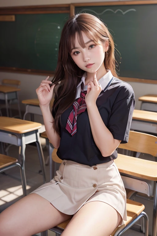 1girl,23yo.strawberry print panties ,.classroom brown eyes, brown hair, cardigan, female pubic hair, full body, gyaru, hair ribbon, lips, loafers, long hair, looking at viewer, panties, plaid, plaid skirt, realistic, red ribbon, , shirt, short sleeves, simple background, sitting, skirt, skirt lift, smile, solo, spls, standing, striped, white neckerchief, white shirt.