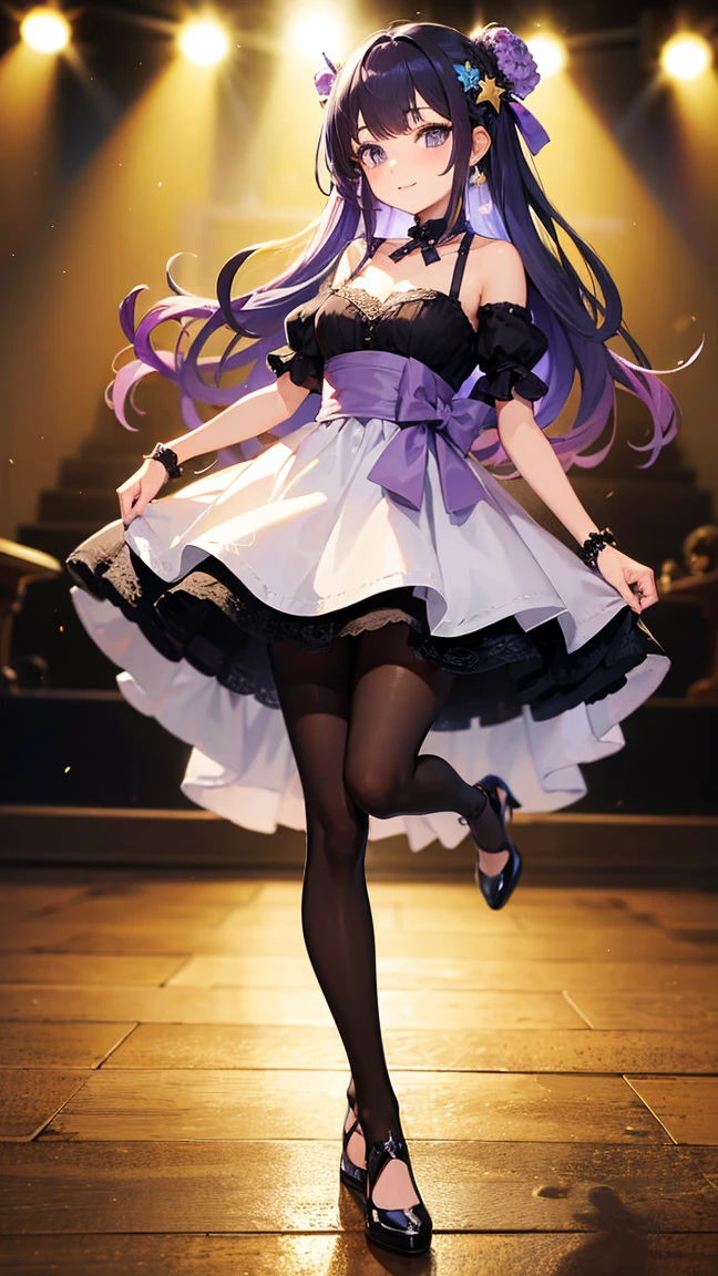 face to the viewer，Masterpiece，HighestQuali，one-girl，Purple pupils，purpleish color，voluminous hair，Stand on stage and sing，Delicate facial features，Purple floral dress，White tights，Small leather shoes，Stage，lamplight，Close-up of people
