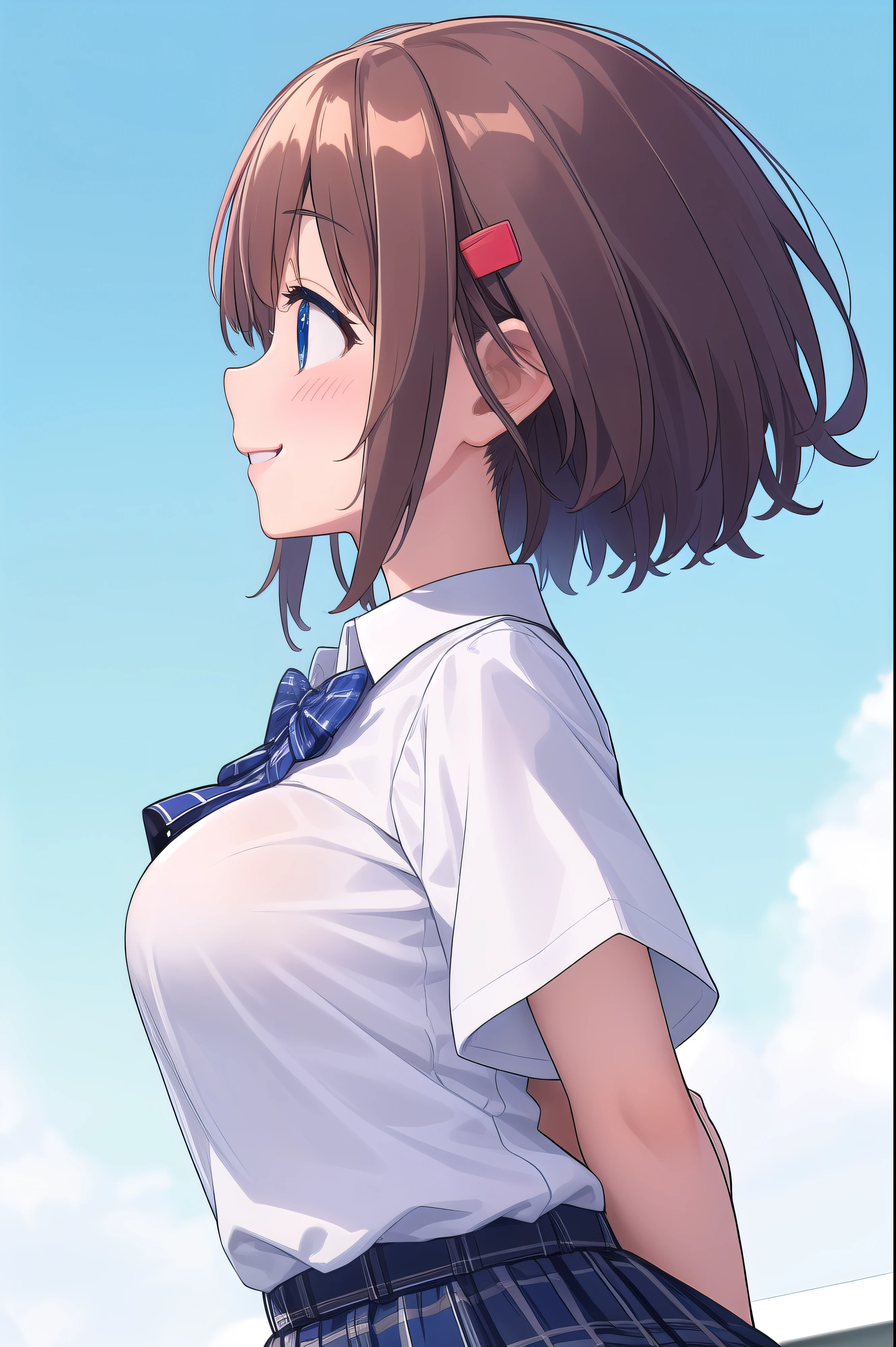 ( masterpiece, top quality), very detailed background, perfect lighting、 top quality, ( upper body angle:1.4),{hitoyobafu 、 1 girl、( is standing:1.2), Wind、(arms behind back:1.5)、(18 years old)、 pink lips、 short brown hair、( sideways:1.4)、(profile:1.6)、 blue eyes、(Look away:1.5)、(Smile:1.7)、(blush:1.5)、{ school uniform、( white collared blouse:1.2)、(Short sleeve)、( blue bow tie)、{ slender、 glamorous}、( big boobs)、( blue plaid skirt )、(Windでスカートリフトアップ:1.3)、(socks)、}、{background、( school rooftop during lunch break)、blue sky、 fence、Streetscape}