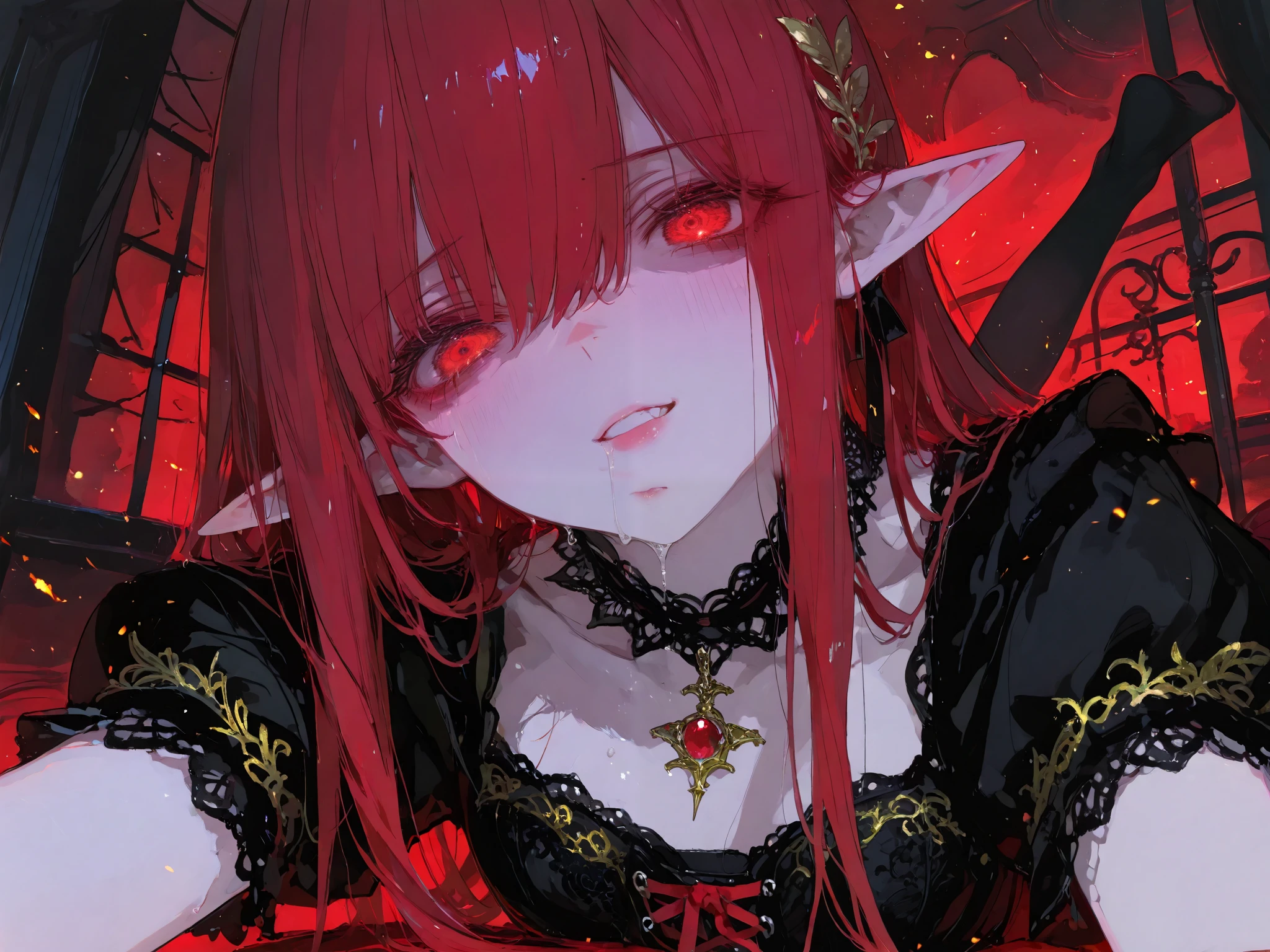 general,luisap,SakimiStyle,xxx667_illu,748cmstyle,dark gothic,looking at viewer, The figure is seated, but the pose is unnatural—poised yet unsettling,pointed elven ears, relaxed yet tense. The folds of the gothic dress cascade like heavy ink strokes, deep blacks absorbing the dim light, pooling at the edges of perception. Lace cuffs drape over motionless fingers, hands delicately positioned as if caught mid-gesture, the suggestion of movement that never completes.  

The cyan hair flows, cascading in long, fluid strands that seem to defy gravity, each strand sharply defined, a Klimt-like embellishment of shimmering light woven into the darkness. It frames a face too perfect, too still—smooth skin untouched by shadow, an unnatural softness that refuses to reflect time.  

The eyes are luminous, red like embers smoldering beneath the surface, their intensity exaggerated in Caravaggio-like chiaroscuro. They do not simply look; they consume, dragging the composition inward, forcing attention where it does not want to go. The expression is unreadable, lips slightly parted, as if on the edge of speaking or smiling, but never deciding.  

The lace choker clasps the throat too tightly, its ruby pendant glinting, pulsing, whispering something in the absence of sound. Gold embroidery on the bodice catches the light in irregular patterns, twisting and shifting, forming symbols that are seen but not understood. The details are exquisite, but there is something wrong with them—flaws in symmetry, patterns that do not repeat, a suggestion of intelligence in the inanimate.  

A breath should follow, a shift in weight, a blink—yet nothing comes.  

Not stillness.  

Not motion.  

Only presence.  
