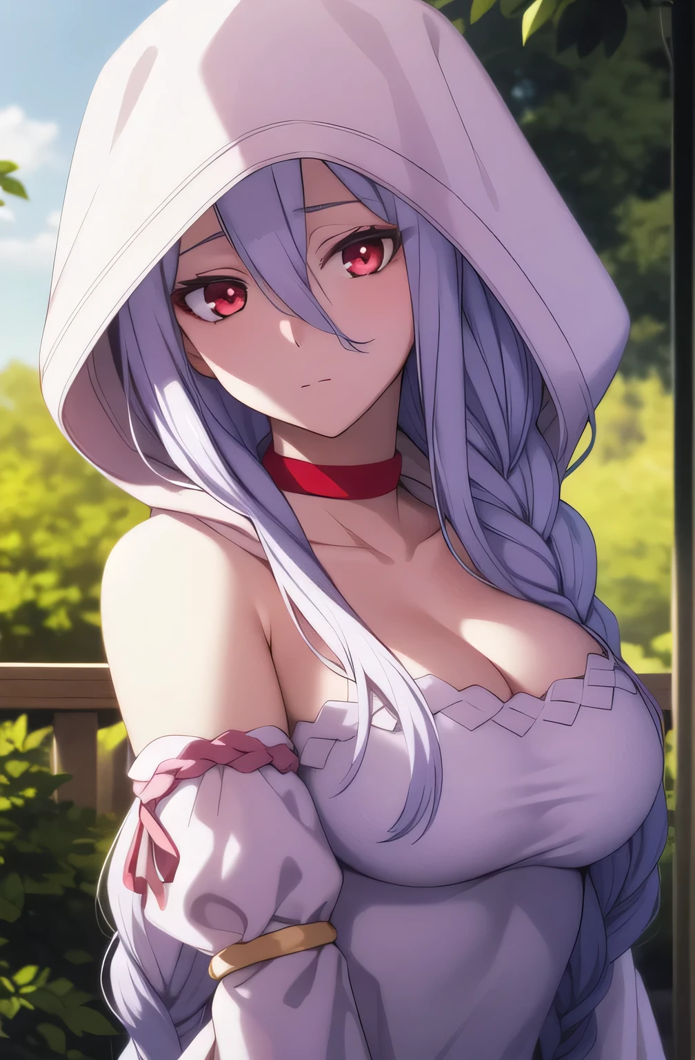 ç½ç»,1girl,expressionless,long braid,hair over shoulder,colored eyelashes,red eyes,
ç½,white hood,hood up,red choker,bare shoulders,cleavage,white dress,detached sleeves,long sleeves,wide sleeves, 20yo,Young female,Beautiful Finger,Beautiful long legs,Beautiful body,Beautiful Nose,Beautiful character design, perfect eyes, perfect face,expressive eyes, first-rate breast, looking at viewer,
official art,extremely detailed CG unity 8k wallpaper, perfect lighting,Colorful, Bright_Front_face_Lighting,shiny skin, 
(masterpiece:1.0),(best_quality:1.0), ultra high res,4K,ultra-detailed,
photography, 8K, HDR, highres, absurdres:1.2, Kodak portra 400, film grain, blurry background, bokeh:1.2, lens flare, (vibrant_color:1.2), (beautiful_face:1.5),(narrow_waist)