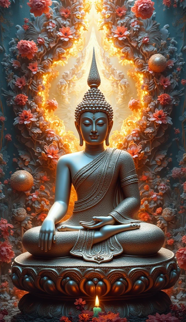 A T-shirt featuring a complex and eye-catching design inspired by Buddhist art. The shirt displays a prominent image of a meditating Buddha, surrounded by detailed mandala patterns. The design includes intricate floral motifs, such as lotus flowers, along with small, ornate patterns that add texture and depth. The color palette is rich, using deep golds, reds, and blues, with metallic highlights to enhance the visual appeal. The overall design is elaborate, combining spiritual symbols with artistic detailing to create a striking and unique appearance.