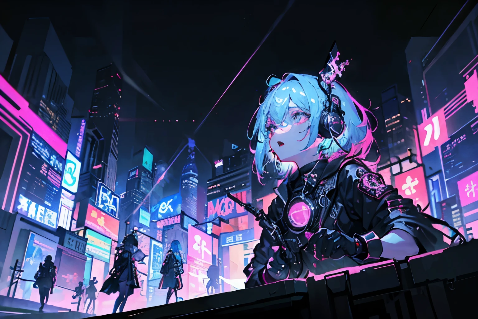 ( masterpiece, top quality, top quality, Official Art, beautiful 、Sophisticated:1.2), ( One girl's :1.3), very well detailed,( fractal art :1.1),( colorful :1.1), highest resolution , ( Streetscape shining blue against a neon light background :1.3), ( Shiny Skin), ( multicolor:1.4), ,( Women's Single Earrings :1.4), (long white hair ),( cyber dress )( looks up, )(Singing )( headphones)( Open Your Mouth) head-mounted display to adjust goggles, ( upper body)( low angle)( black gloves)