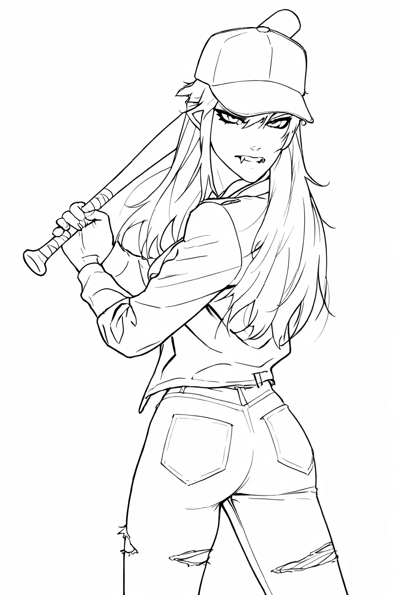 score_9, score_8_up, score_7_up, score_6_up, score_5_up, score_4_up,
BREAK
(masterpiece: 1.0), best quality, perfect anatomy, perfect composition, perfection, 4k resolution, absurdres, very aesthetic, professional artwork, absolutely beautiful, lineart, line art, greyscale, monochrome, perfect face, ultradetailed.
BREAK
masterpiece, best quality, amazing quality, very aesthetic, high resolution, line art, four fingers and a thumb, timbrook, 1girl, vampire fangs monochrome, greyscale, solo, long hair, torn clothes, baseball bat, baseball cap, jacket, shoes, pants, holding bat, cowboy shot, torn pants, looking at viewer, simple background, shirt, from behind, looking back at viewer, squatting