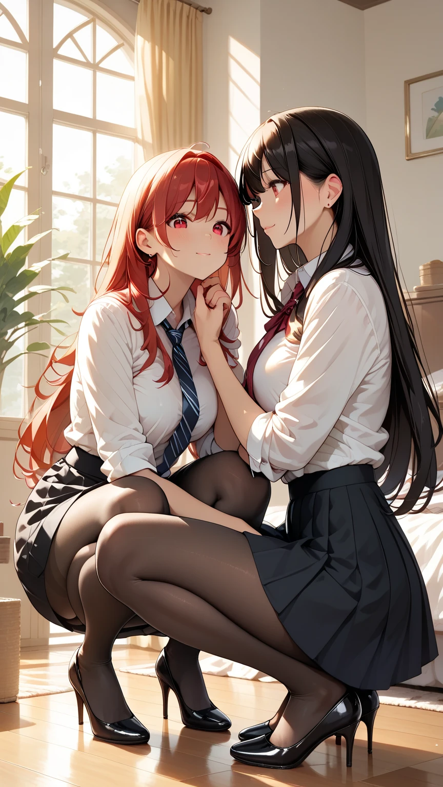 2 girls facing backwards , pantyhose, long hair, alone, skirt , , High Heels,Red sole , full body,black skirt , squats, pantyhose, skirt をめくって,feet, collared shirt ,,very long hair,