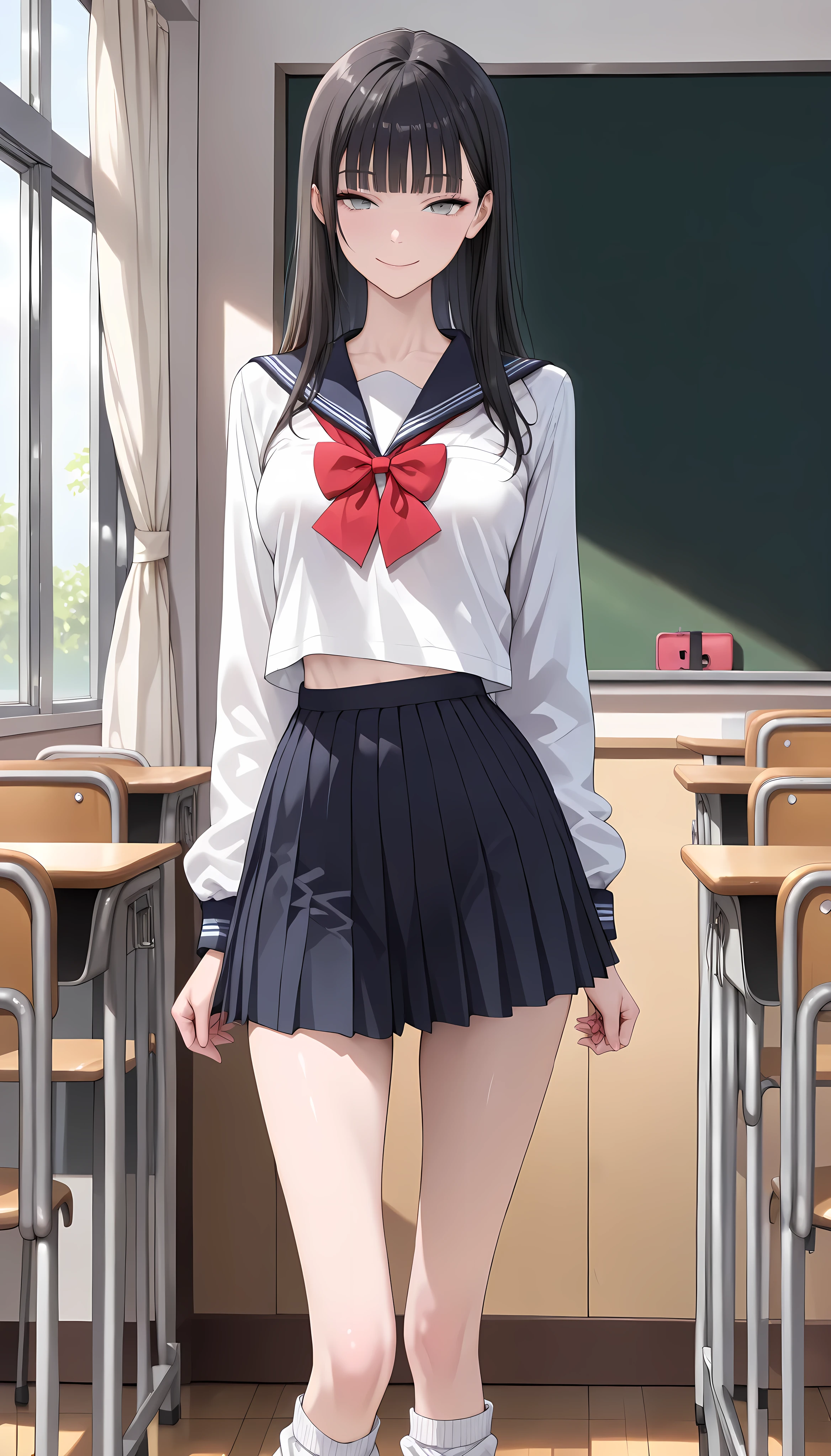 Anime girl in a school uniform standing in front of a blackboard ...