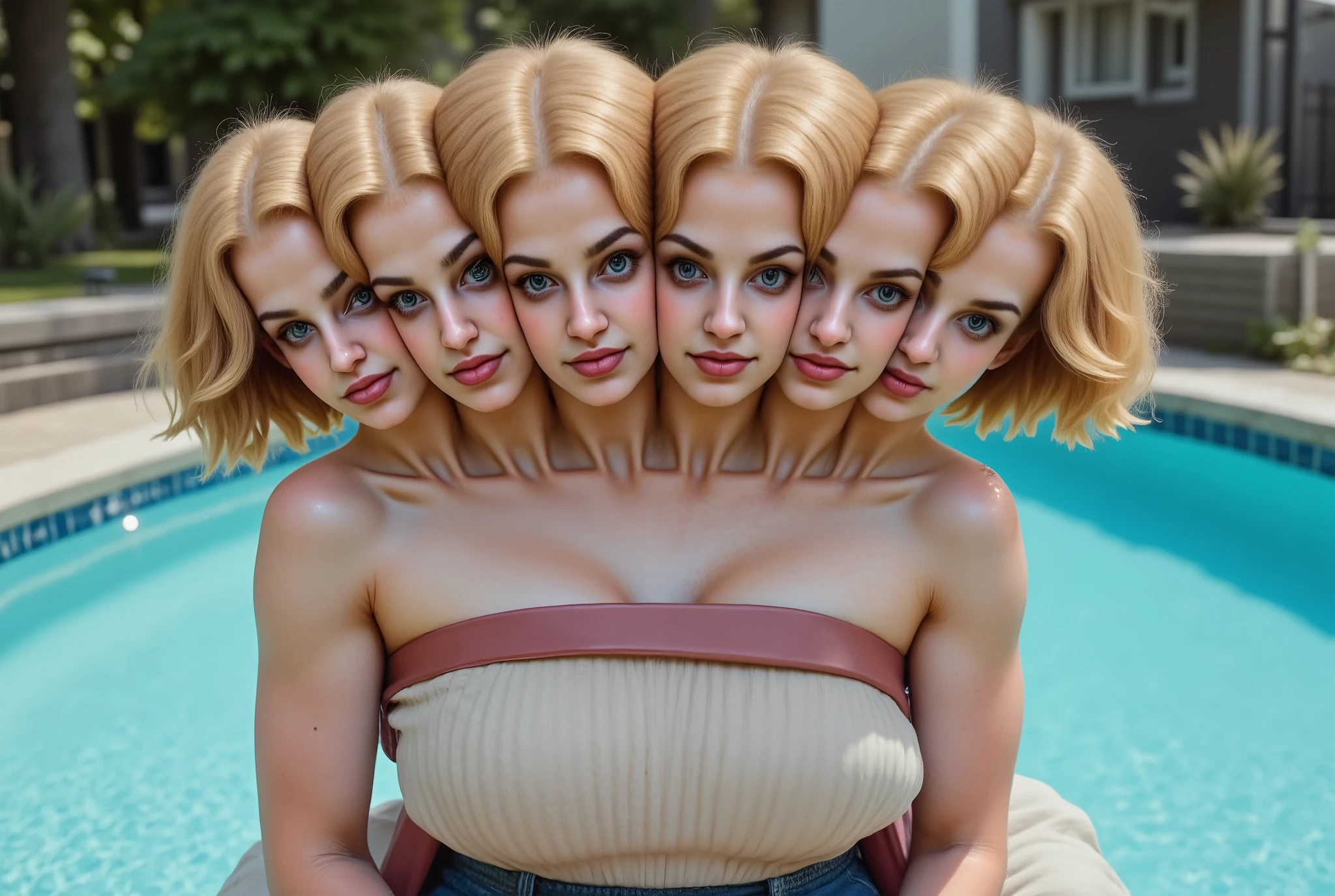 7heads, conjoined sisters, shy, upper body, wet, 19 year old seven-headed girl, many headed, a lot of heads, twintails, beautiful face, big eyes, cute girl, very pale skin, five headed girl, beautiful, beautiful face, pale skin, blonde hair, blue-green eyes, shiny lips, pink lip gloss, petite body, skinny, flat chest, big Head, innocent look, young face, sweaty, perfect eyes, very detailed eyes, detailed eyes, intricate details, tube top, pool