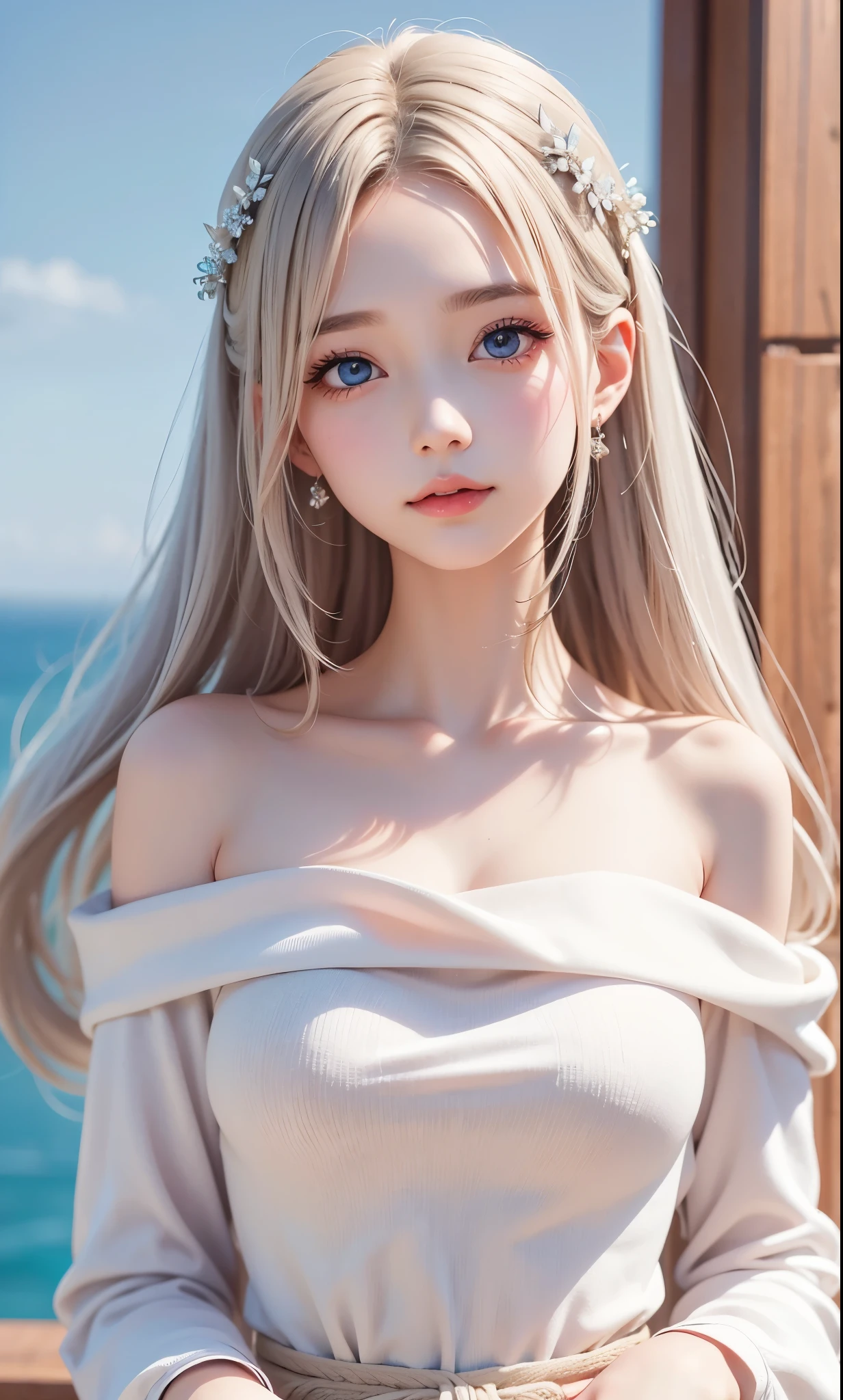 There is a woman in a white dress, artwork in the style of Gwaiz, Gwaiz on pixiv artstation, Gwaiz on artstation pixiv, Gwaiz, Fantasy art style, Gwaiz masterpiece, Beautiful and elegant queen, Beautiful character drawings, Detailed digital anime art, Blonde Princess, Gray Hair, Sky blue eyes, Pink Lips, off shoulder sweater, cool girl face, beautiful eyes, face type, reika
