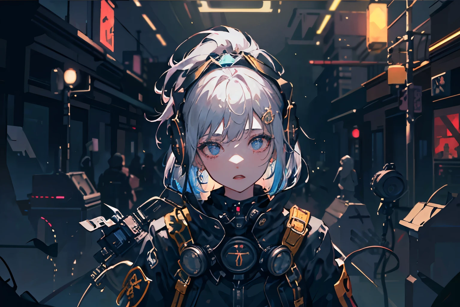 ( masterpiece, top quality, top quality, Official Art, beautiful 、Sophisticated:1.2), ( One girl's :1.3), very well detailed,( fractal art :1.1),( colorful :1.1), highest resolution , ( Streetscape shining blue against a neon light background :1.3), ( Shiny Skin), ( multicolor:1.4), ,( Women's Single Earrings :1.4), (long white hair ),( cyber dress )( looks up, )(Singing )( headphones)( Open Your Mouth) head-mounted display to adjust goggles, ( upper body)( low angle)