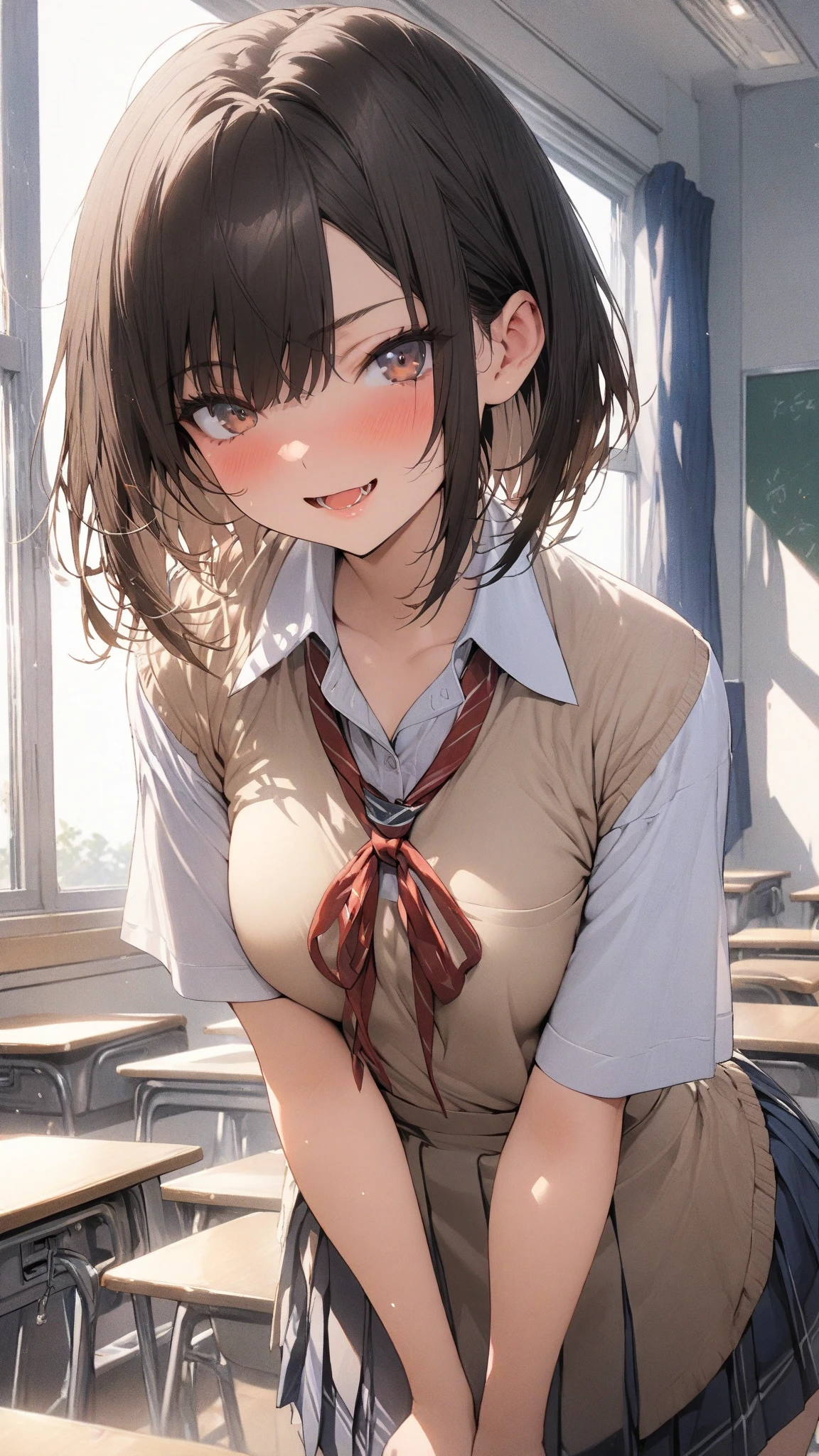 (1 person,solo), Beautiful woman, (Perfect Anatomy), Slender、(OL、White short sleeve shirt、vest、bow tie, detailed side tie panty), (Look down), (Pussy juice:1.1)、(Hugging your own chest)、20-year-old、(highest quality)、Black Hair, short hair、 Messy Hair、bedroom、On the bed, Sitting、(Cutting seat:1.2), (8k, High resolution)、(Embarrassing:1.4)、(blush:1.1), medium breast, (steam:1.1), embarrassed,