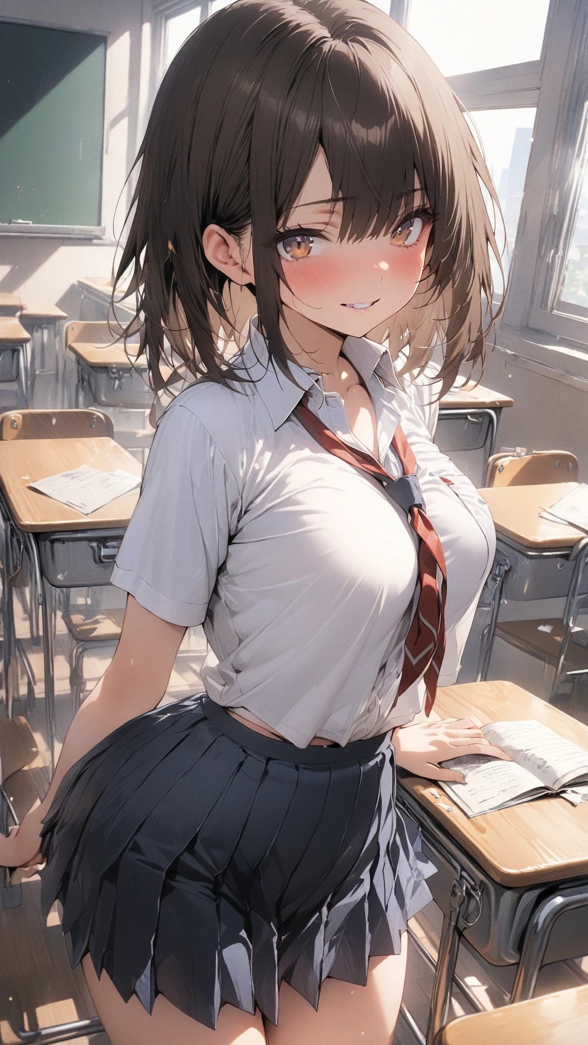 ((masterpiece, highest quality:1.2)),nsfw,cowboy shot,16 year old beauty,solo,dark brown hair,short bob hair,brown eyes,blunt,skinny,medium breasts,toned body,skinny,shiny skin,oily skin,sweat,shy,tears,blush,nervous、Wearing 、White long sleeve shirt、Blue tie、Navy blue checkered pleated mini skirt,White panties、Love juice、squatting,Simple desk、classroom、School、sunset、