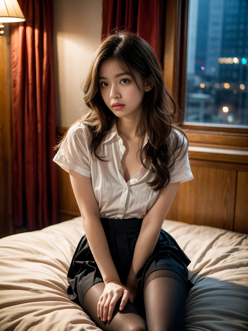 Bedroom at night、White collar shirt on bed、skirt by the、Hands on the buttons of the shirt、cross one's legs、Raise both hands、(in 8K) , master piece, (No retouching, Lip gloss, False eyelashes, Real Skin, of the highest quality, 超A high resolution, depth of fields, chromatic abberation, Caustics, Wide Lighting, Natural Shading))Korean Idols、Live action、Sauce order、Japanese Models, Shot with Canon EOA 6 D Mark II, taken with canon eos 5 d mark iv, Young Gravure Idol,