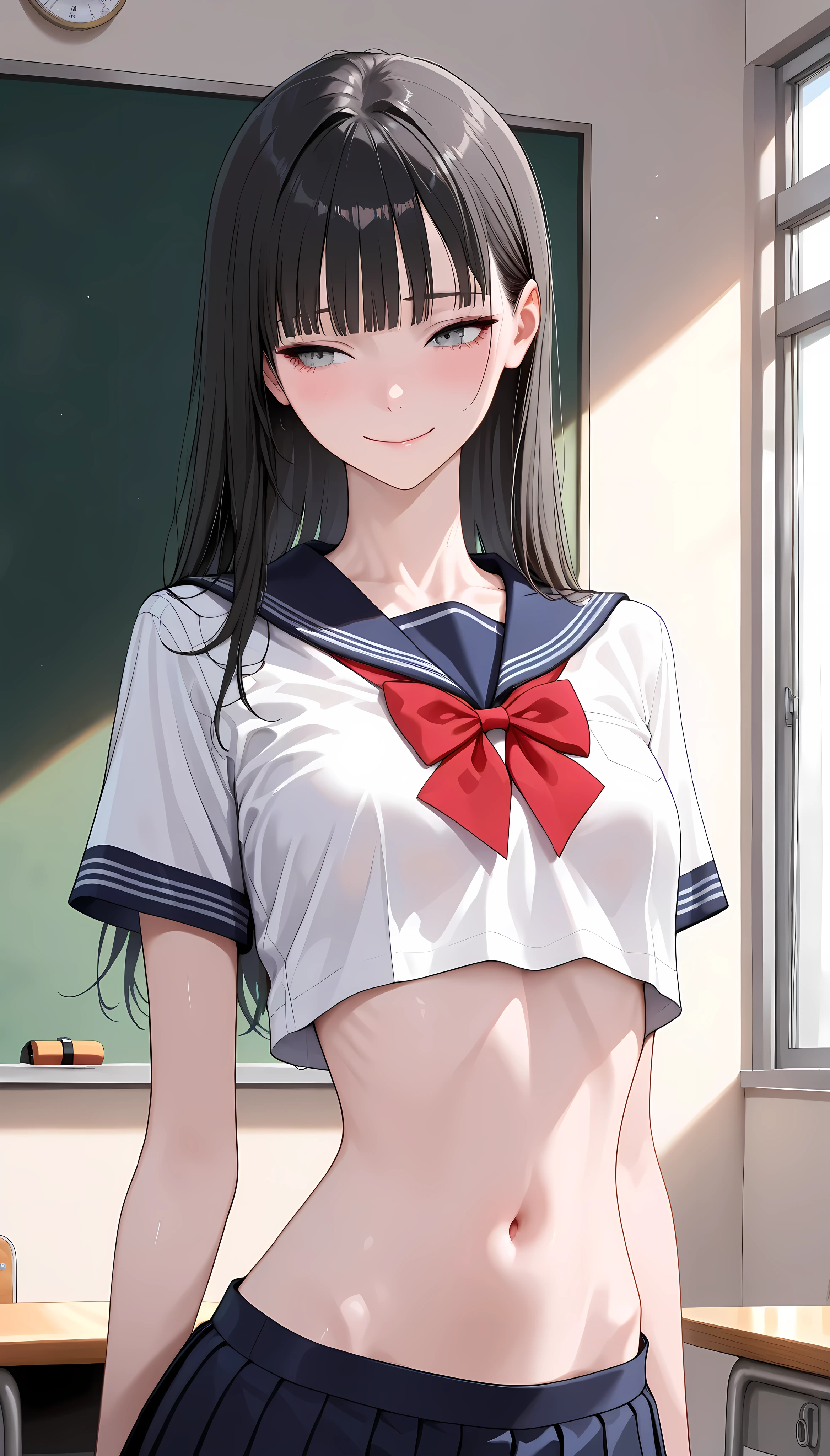 (8K、Highest image quality、highest quality、masterpiece)、detailed face、1 girl、black hair、single hair bun、blunt bangs、gray eyes、earrings、smile showing teeth、small breasts、Taken from the side、serafuku、sit on a chair、open legs、cowboy shot、POV、classroom background、pussy juice