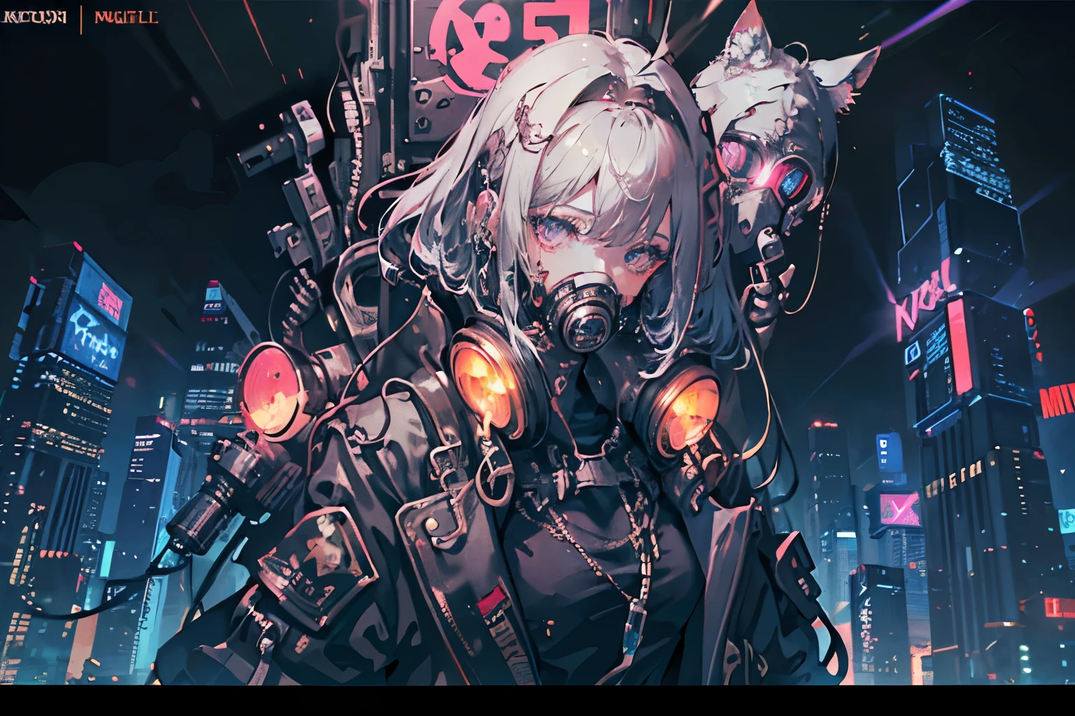 (masterpiece, best quality, best quality, Official Art, beautiful 、Sophisticated:1.2), ( 1girl:1.3), Very detailed,( Fractal Art :1.1),( colorful :1.1),HIGHEST DEFINITION , ( A cityscape glowing with neon lights background :1.3), (shiny skin), (multicolor:1.4), ,( earrins for awoman alone:1.4), ,(White hair)(cyber suit)(look up, )(Singing)(headphone)(Upper Body)(Low-Angle Composition)(Bulky and mechanical gloves)(gas mask)