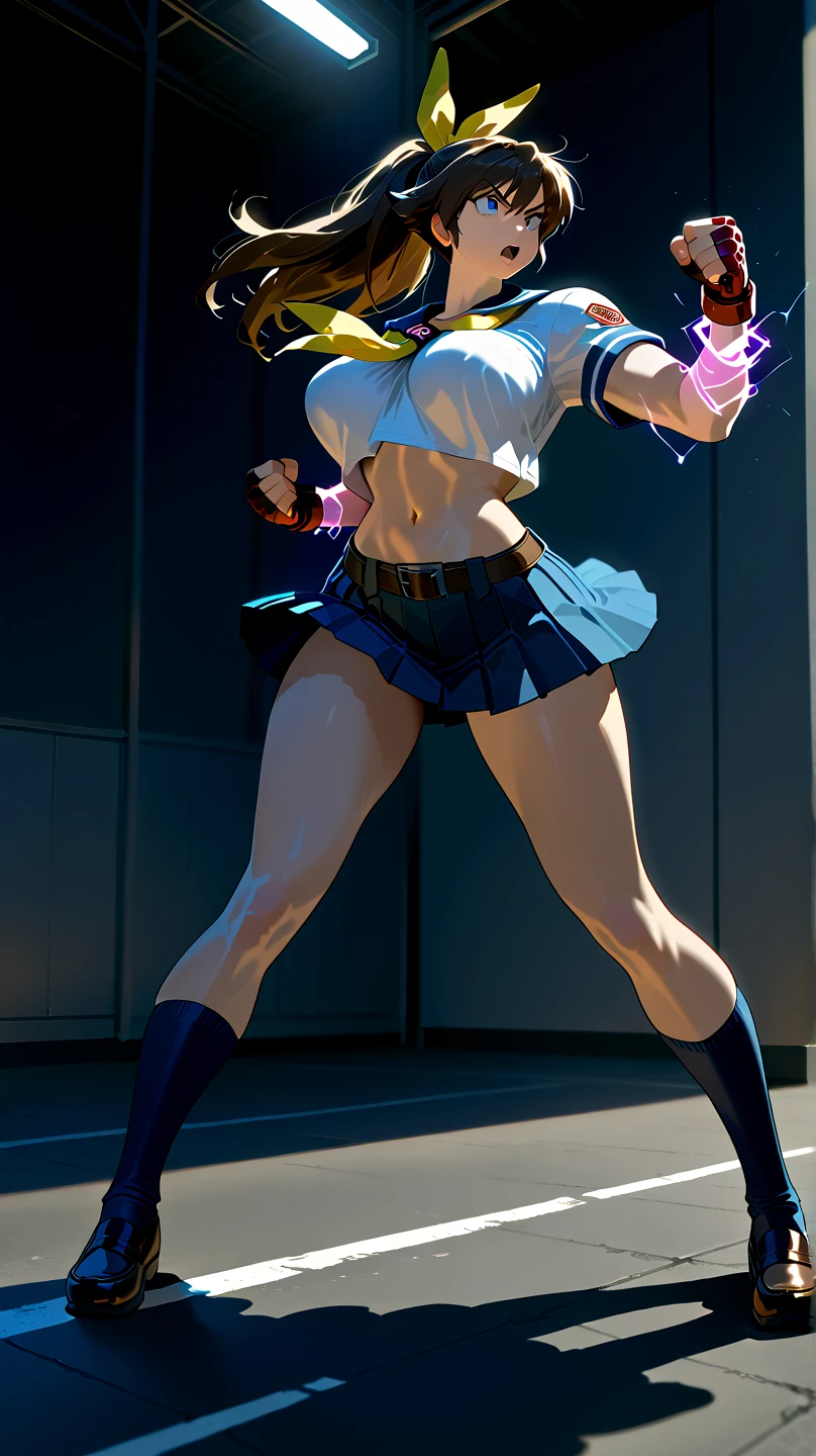 Mulher Super Sayajin, em pose de batalha, musculosa, peitos grandes, armadura Sayajin, hands open, poderes de energia, perna direita dando chute, fundo branco,