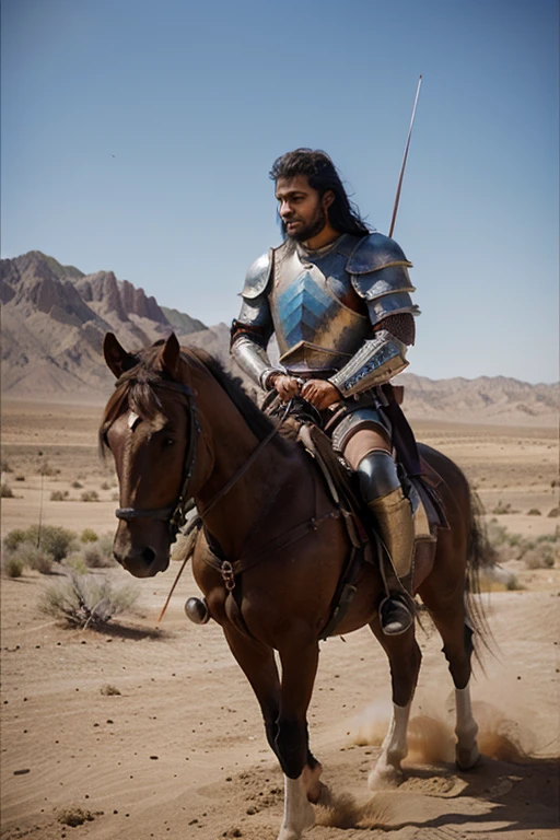 An Arab knight, clad in shining armor, sits firmly on his majestic horse in the vast, sun-scorched desert. The desert backdrop is painted with an array of golden sand dunes and towering cacti, casting long shadows beneath the knight and his steed. His dark, intense eyes survey the vast expanse before him, his gaze unyielding and determined. His long, wavy black hair streams out in the wind, adding an air of regalness to his already imposing figure. The sun casts a warm, golden glow upon his finely-chiseled features, illuminating the intricately designed patterns adorning his armor. The knight holds the