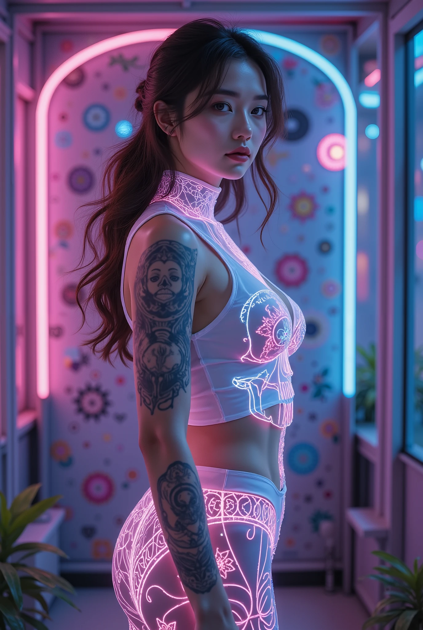 GGGJAAA  ,Figure costume ， shaped like a neon skull glass , A stunning 3D   mealioff -style render of a beautiful woman with a mesmerizing mandala tattoo on her .   The mandala has a complex  ,  colorful patterns ，  blends traditional and modern design  .   This woman has  , flowing brunette ，  Wearing a sleeveless white top  ，  showing her toned shoulders  .   The background is a mix of dark purple and blue ,   sense of depth and dimension  ,  enhanced 3D effect  ., 3D Rendering,   mealioff
