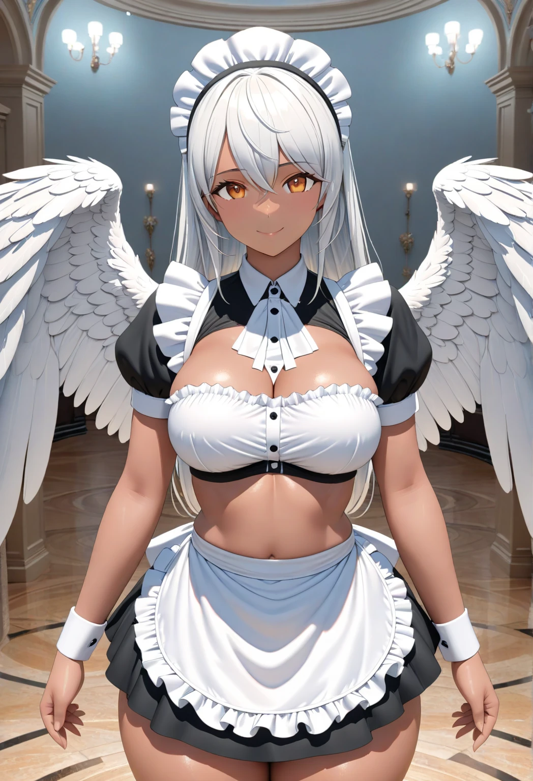 (((Masterpiece))), (((Best Quality: 1.4))), ((Super Detail: 1.4)) , masterpiece, best quality, human, ((Maid Uniform)), extremely detailed 8K, smooth, high resolution, ultra quality, ambient occlusion, hd, 2k, 4k, 8k, 16k, extremely detailed anime, detailed faces, perfect composition, wide shot, standing in place, facing viewer, , happy, looking at viewer, white feather, detailed 2 feathered wings, standing, female, 2 arms, 2 hands, amber irises, medium , hands, white bioluminescence, white wings, very large , , perfectly Symmetrical, beautiful tan human skin, white hair, hands at sides,