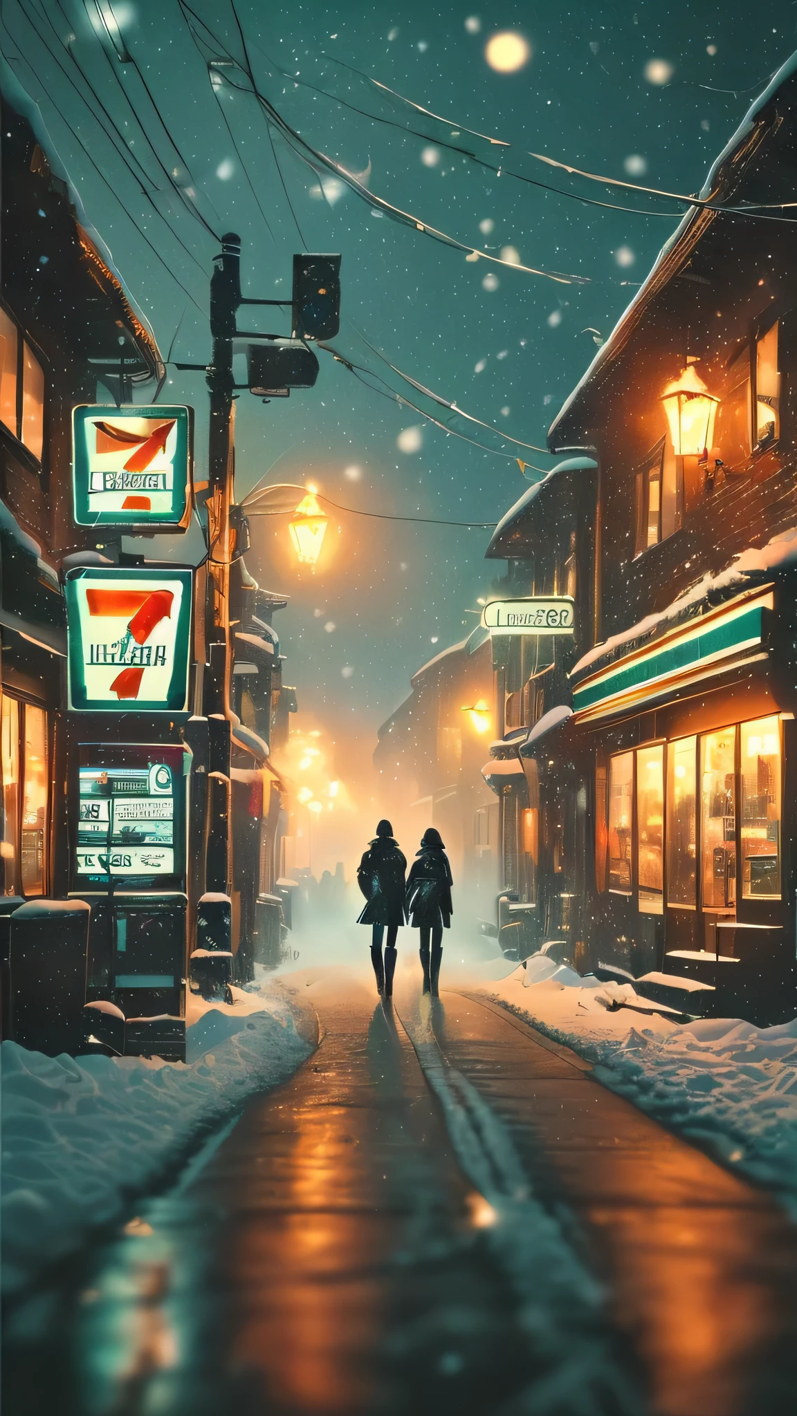 Snowy Night scene of two people walking down a street in a town, by alena aenami, inspired by alena aenami, Beeple and Tim Hildebrandt , A nostalgic and melancholic piece, ((( The wearing a shiny black long leather trench coat))),((( The wearing shiny black leather long boots )))、((( The wears shiny black leather gloves on both hands )))、((( with a plaid scarf around her neck ))) anato Finnstark and Alena aenami , By Daniel Ljunggren, Krzysztof Boguszewski, Snowy Night