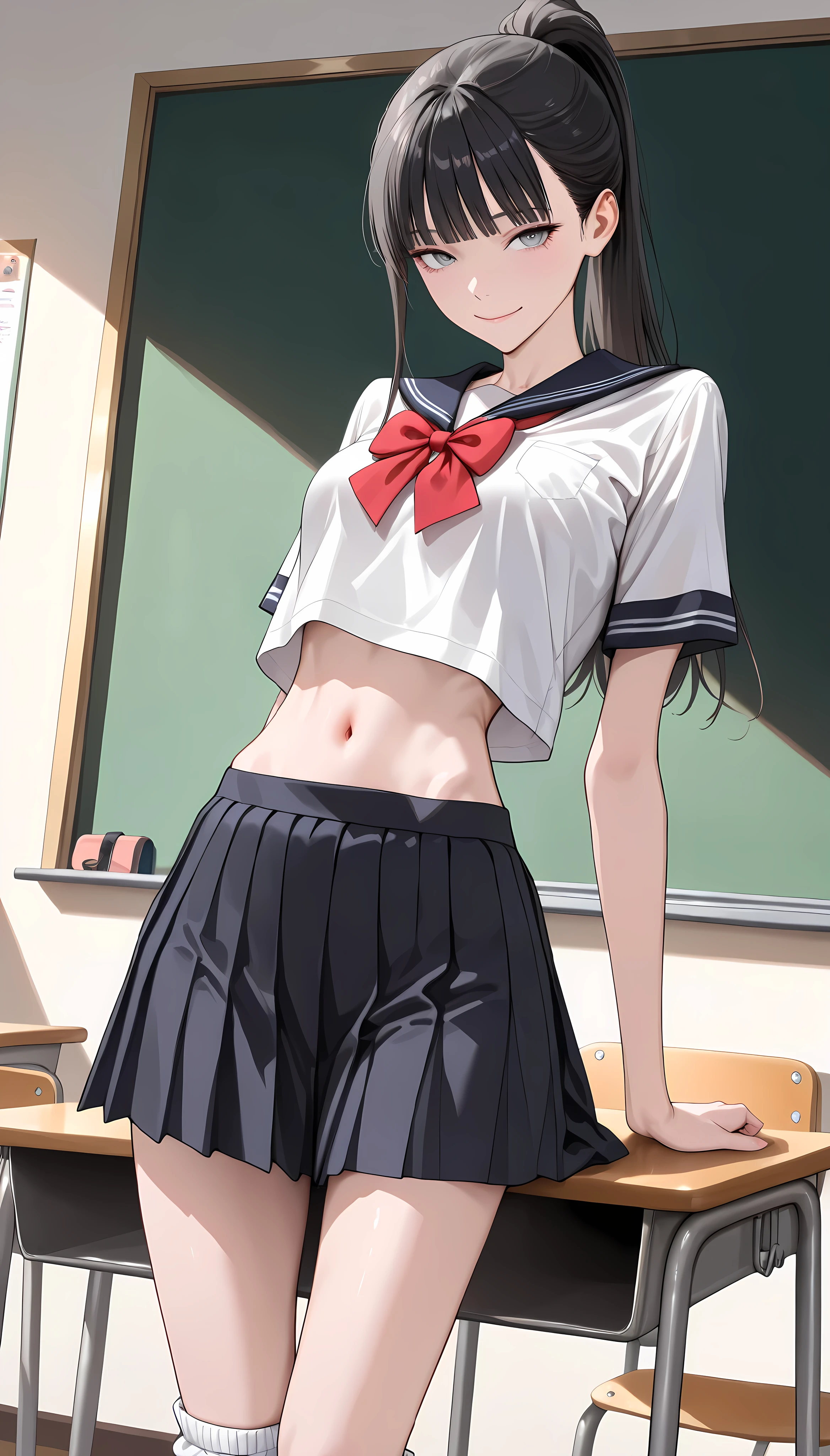 (masterpiece,best quality:1.2,amazing quality,very aesthetic,absurdres,newest,realistic),1woman,Alone,(adult:1.2),(very small head:1.2),medium breasts,(ideal ratio body proportions:1.2,slender body:1.2,skinny:1.2),high ponytail,long hair,black hair,blunt bangs,gray eyes,smile,school uniform, sailor suit、red bow,pleated miniskirt, loose socks,.classroom、