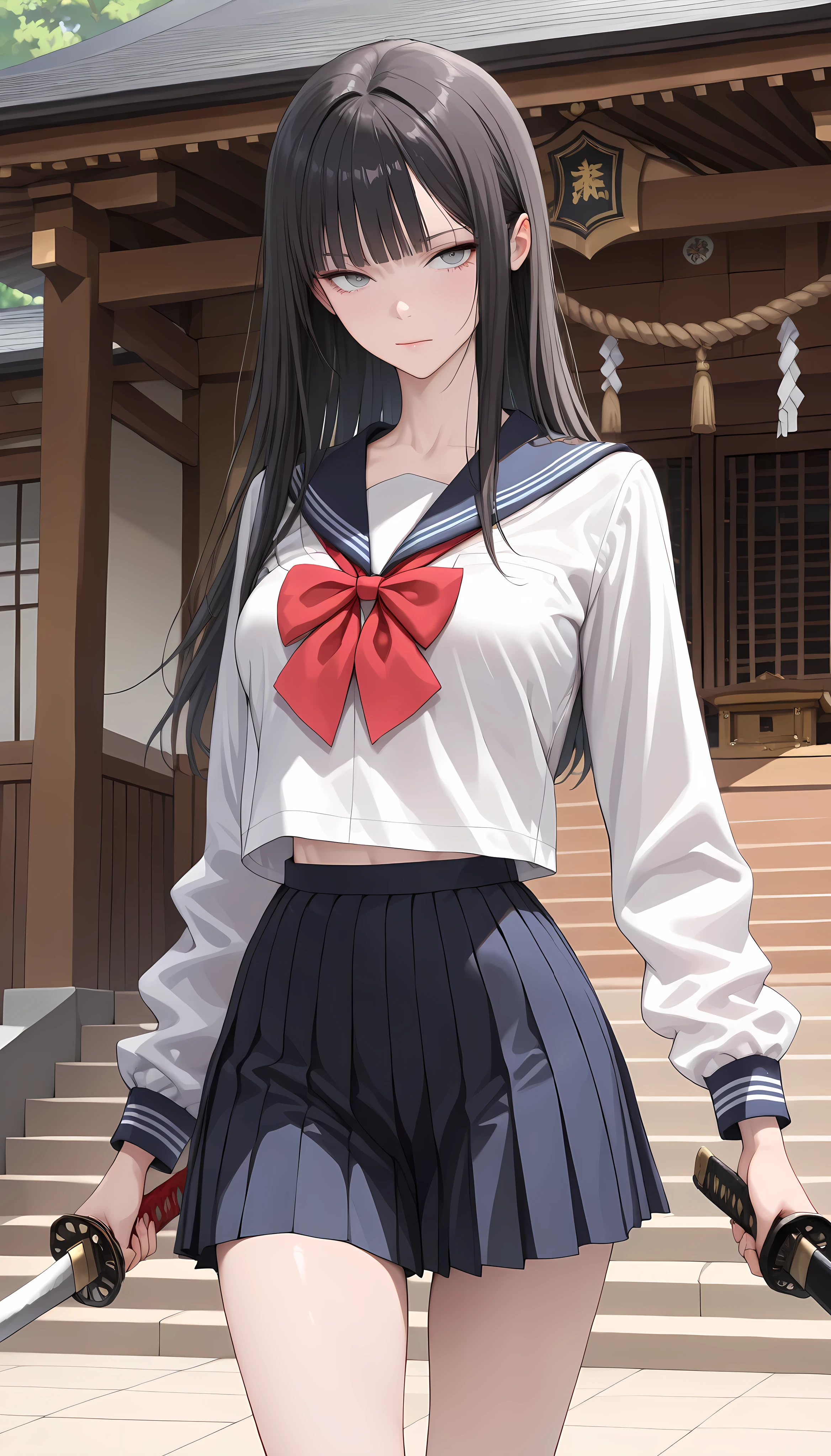 (masterpiece,best quality:1.2,amazing quality,very aesthetic,absurdres,newest,realistic),1woman,(adult:1.2),(very small head:1.2),medium breasts,(ideal ratio body proportions:1.2,slender body:1.2,skinny:1.2),long hair,black hair,blunt bangs,gray eyes,school uniform, sailor suit、red bow,pleated miniskirt,(Holding a Japanese sword、Fighting with swords,fighting pose),shrine、