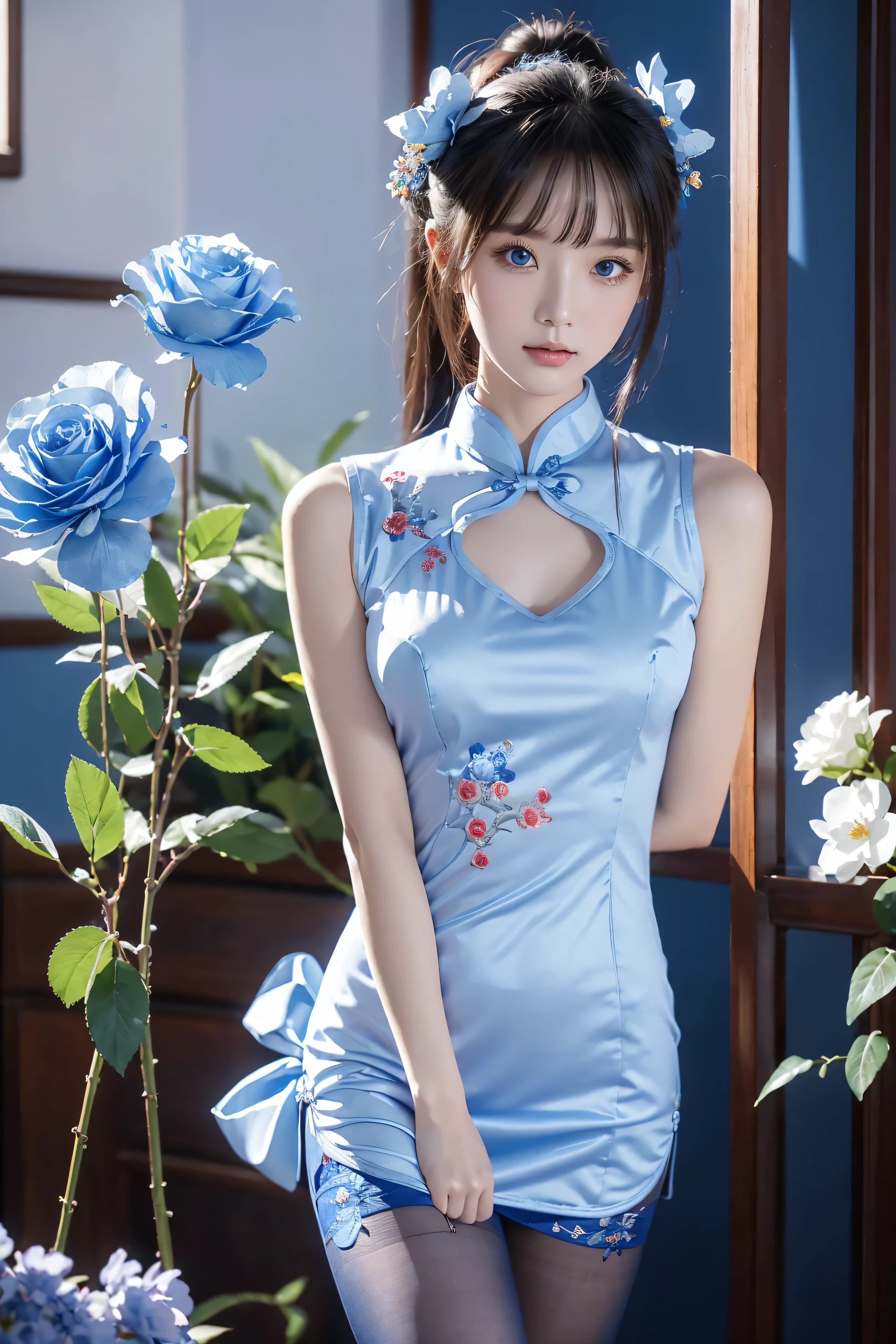 best quality, Delicate face,beautiful visual work, lifelike, eternity, black hair, Long curly hair, blunt bangs, Smile, 在flower园里, flower, Detailed Background, Delicate face,pink blush,cold,((masterpiece))、(top quality)、8k、high detail、Super detailed,21 years old female,Wearing Chinese cheongsam、Seductive and whimsical style、masterpiece、born、Scenes resembling fairy tale illustrations、intricate details和複雜的設計、Beautifully、magic、capricious、 Beautifully、Dream aesthetics、「𝓡𝓸𝓶𝓪𝓷𝓽𝓲𝓬、ethereal、charming、fickle、magic」、realism、Visual effects、FXAA、SSAO、Shader、voiceless、ambient lighting、Tone mapping、High resolution、Ultra high quality、Million pixels、(8K resolution:1.10)、8k、8k以下、8K resolution、high detail、intricate details, (high quality:1.2、masterpiece:1.2、:1.21)、(21 years old female:1.21)、(興奮地Smile)、(Surrounded by a dreamy atmosphere、Model diagram,full-body shot,Normal 2 feet,Don't show your fingers,Japanese folding fan held open in front of chest