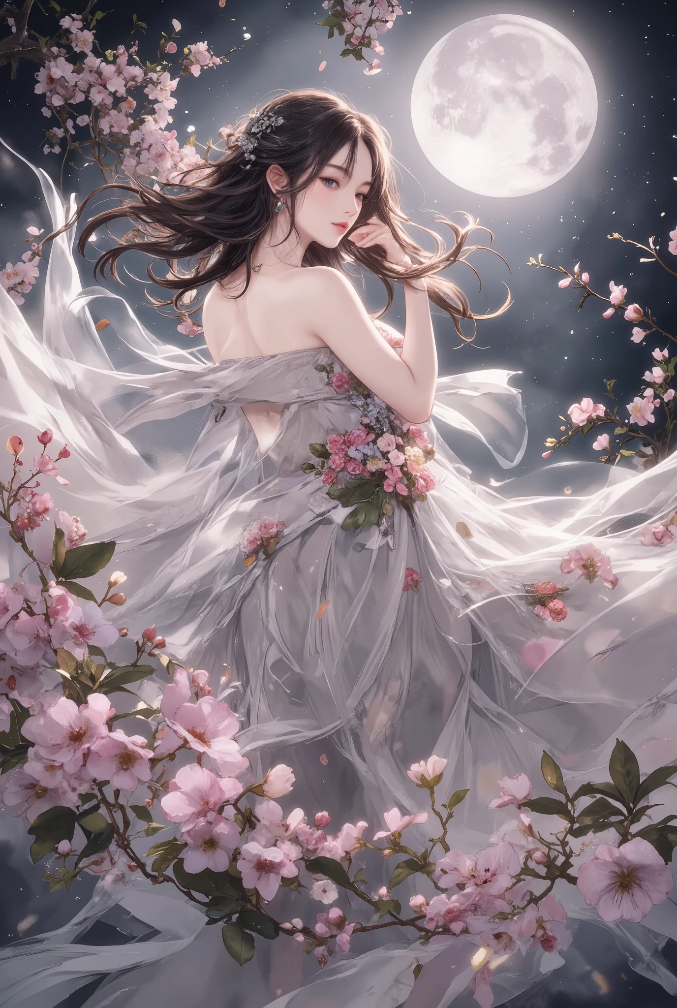 dress 、Woman dancing while floating in the air。Curvy is beautiful。 supple and luscious。Women's clothes are made of flowers 。 Countless flowers are dancing in the air。 Moonlight