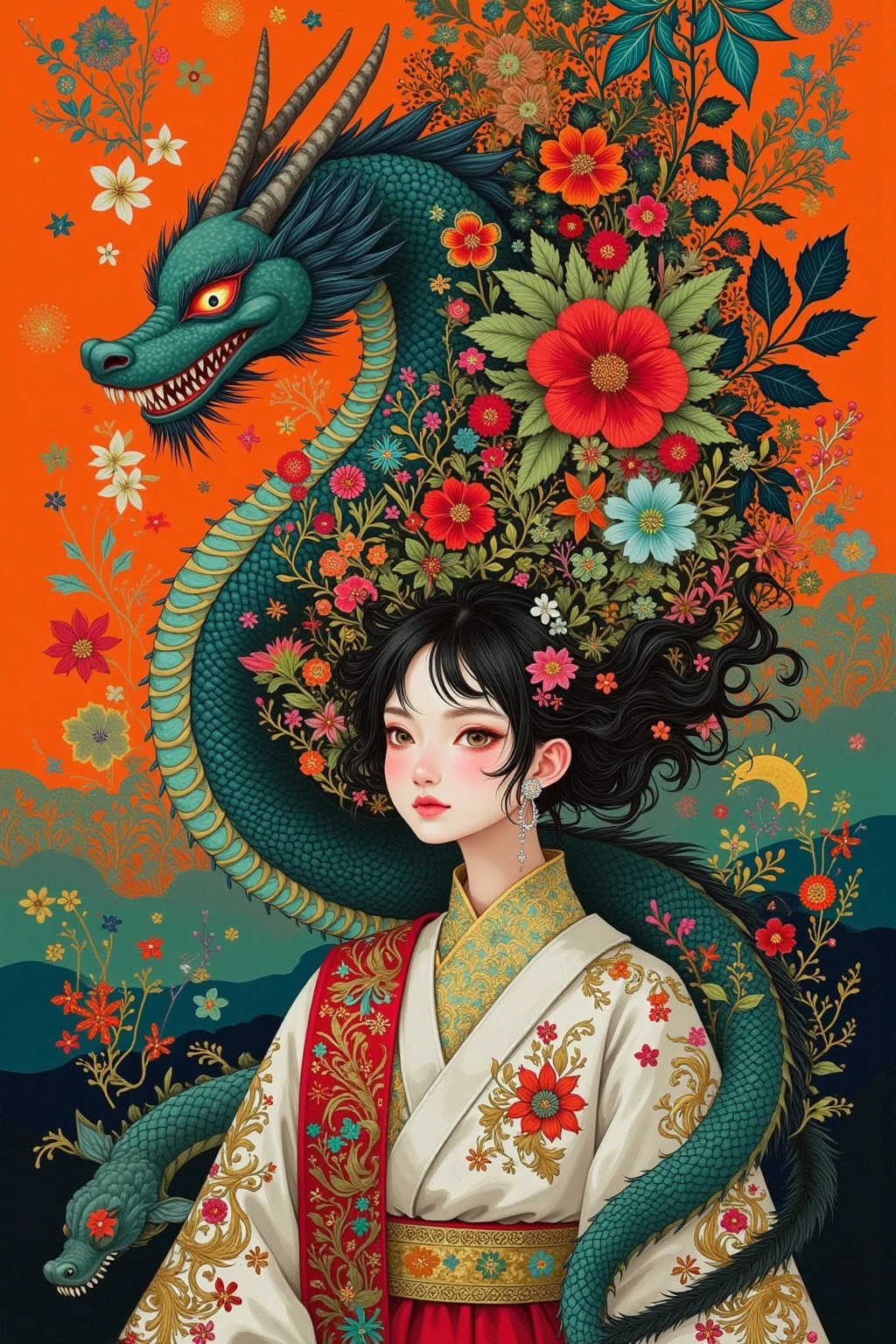 female dragon in japan folk outfit, vector graphics, strong contours, logo design
f
