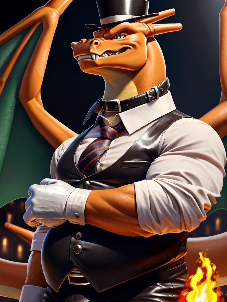 Solo, Male, close up, fat, musclegut, obese, steampunk, gentleman, dapper Charizard, blue eyes, wearing a big leather collar around his neck, (soft shading), 4k, hi res, ((detailed face, detailed)), looking at viewer, evil grin, collared shirt with buttons, top-hat, necktie, male focus, Tailor Uniform, steampunk attire, Vest with buttons, sleeves rolled up, dapper top-hat, dapper vest, Tailor, Tailor setting, leather collar is worn above the necktie, Charizard is wearing a glossy leather dog collar around the neck, Charizard is wearing the leather collar and shirt and vest at the same time, Charizard is wearing glossy white rubber gloves on the hands, wearing white rubber gloves on the feet, Charizard is wearing glossy white gloves with cufflinks, gloves are rubber in texture, laughing evilly, clenching teeth, big leather collar is glossy and shiny with a lot of detail, Charizard is wearing gloves and cufflinks at the same time, leather collar has a lot of detail, big leather collar is thick and detailed, rolled up sleeves, brown leather collar is visible and smooth, Charizard's big leather collar has only one buckle, brown leather collar is buckled in the center of the Charizard's neck, gloved hands, fancy top-hat, glossy top-hat, close up, (high quality,4k,8k,highres,masterpiece:1.2),ultra-detailed,(realistic,photorealistic,photo-realistic:1.37), masterpiece,(intricate details), captivating artwork, artistically rendered, masterful strokes, attention to detail, tasteful composition, alluring charm, careful shading, great attention to , meticulous rendering, impeccable craftsmanship, vivid colors, perfect balance between realism and fantasy.