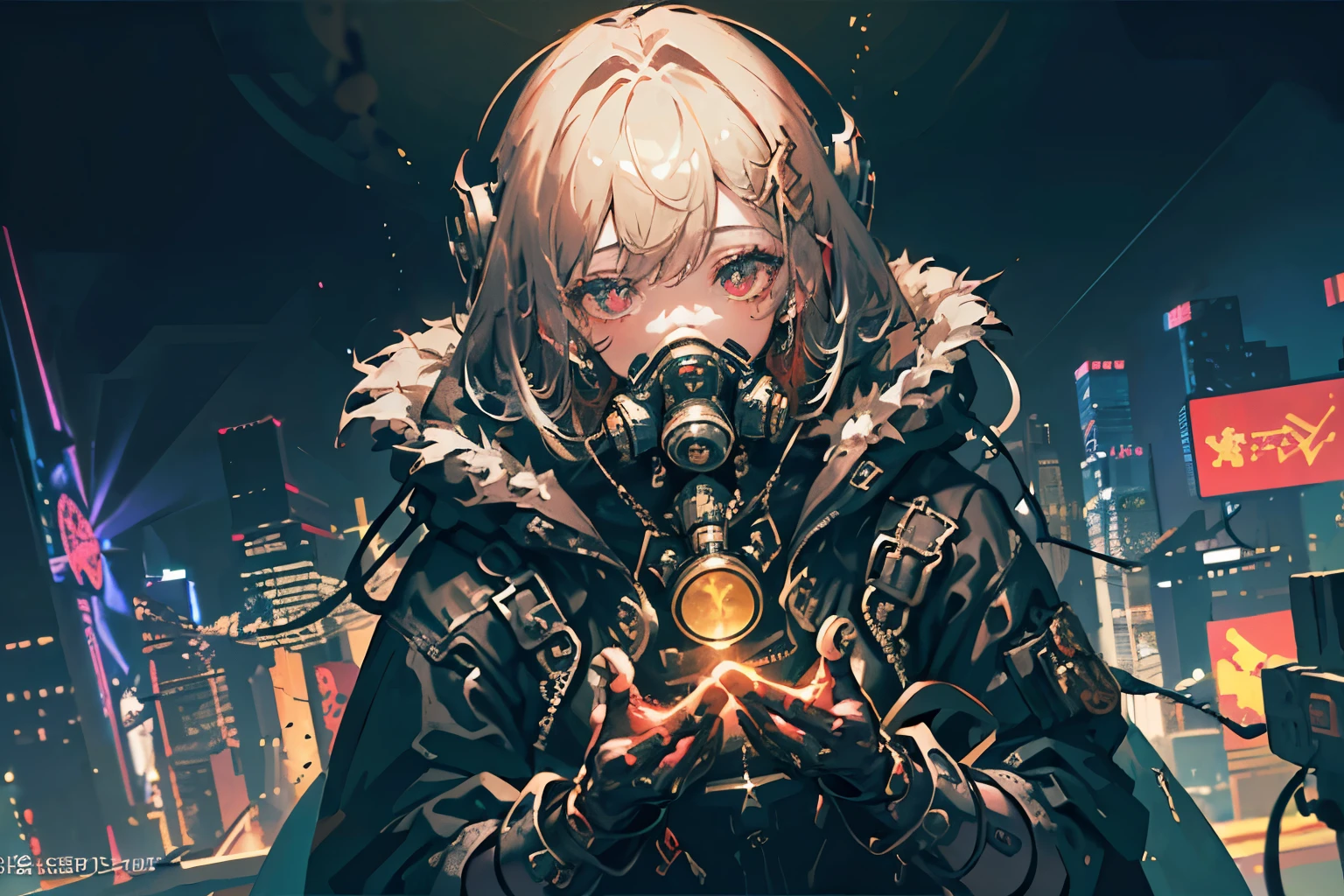 (masterpiece, best quality, best quality, Official Art, beautiful 、Sophisticated:1.2), ( 1girl:1.3), Very detailed,( Fractal Art :1.1),( colorful :1.1),HIGHEST DEFINITION , ( A cityscape glowing with neon lights background :1.3), (shiny skin), (multicolor:1.4), ,( earrins for awoman alone:1.4), ,(White hair)(cyber suit)(look up, )(Singing)(headphone)(Upper Body)(Low-Angle Composition)(Bulky and mechanical gloves)(gas mask)