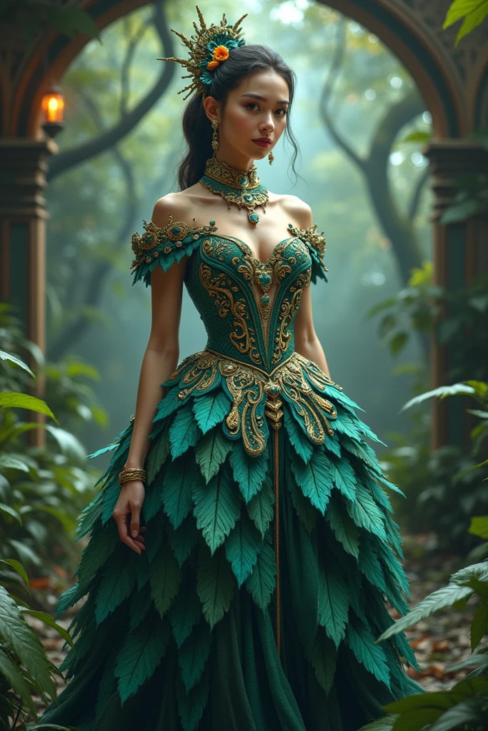 a beautiful young woman in dresses with a green belt, wearing fantasy formal clothing, tattered green dress, fantasy dress, jungle gown, clothes themed on a peacock mage, full body green dress, ornate gown, fantasy outfit, ornate dark green clothing, intricate fantasy dress, ingame image, scaled robes, mage robe based on a toucan.