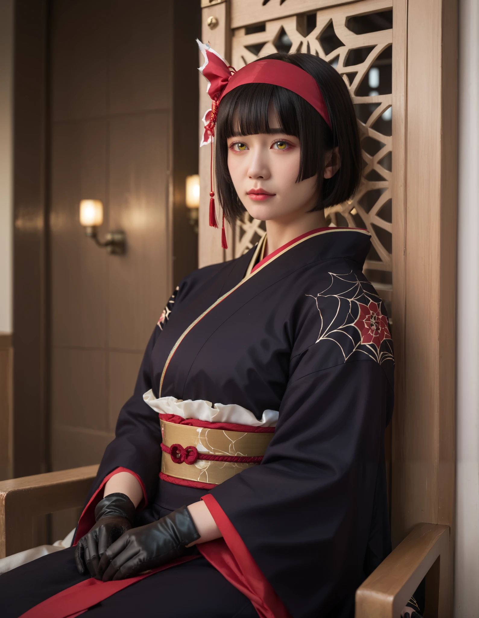 (realistic:1.6),masterpiece, best quality, newest, absurdres, highres, 1girl, solo, mio-mlf, black hair, short hair, blunt bangs, bob cut, bangs, yellow eyes, japanese clothes, kimono, bow, black gloves, Young girl, Asian, Japanese face , indoors, ,1girl in full growth, , sitting high on a throne, regal expression,